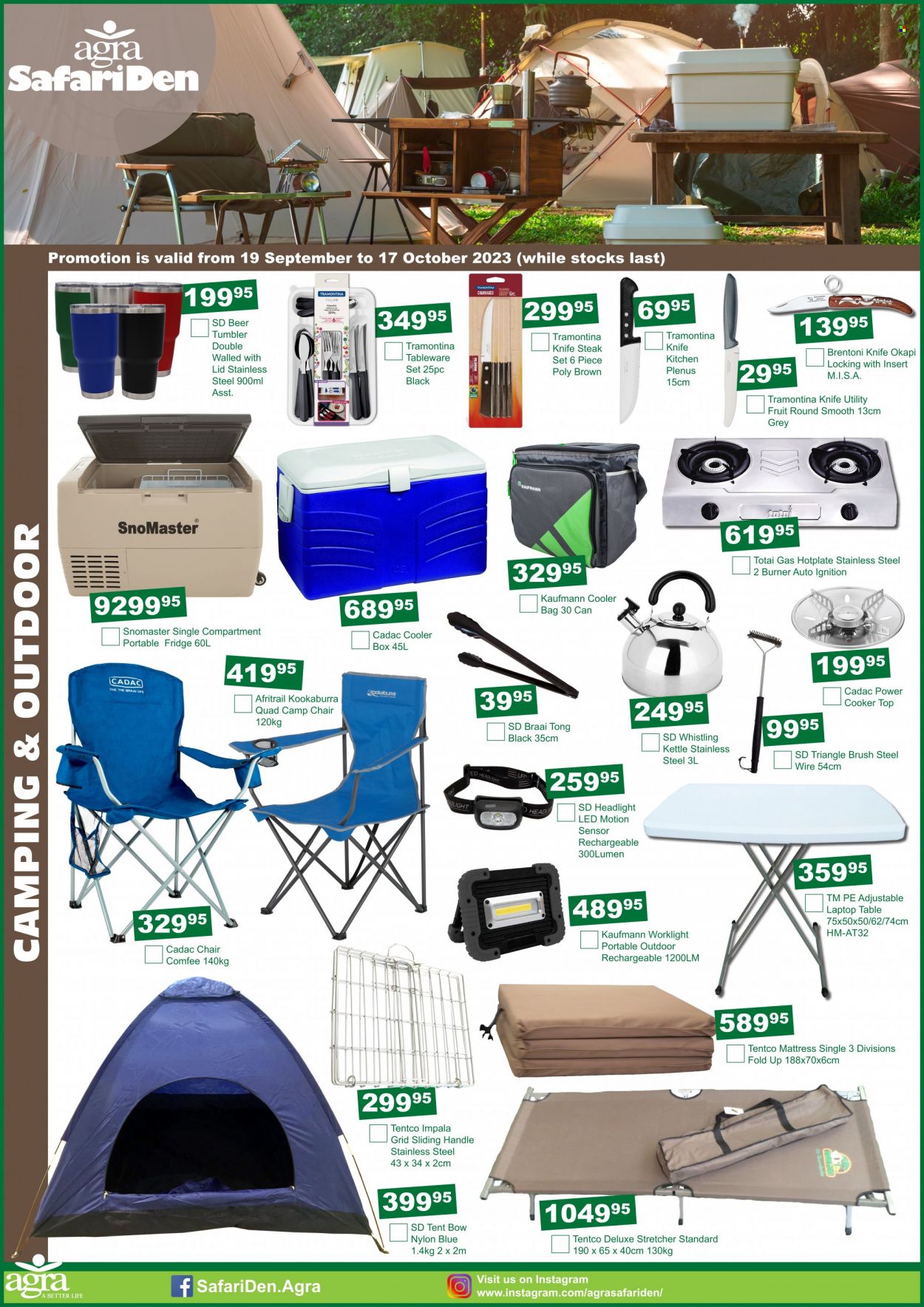 Agra catalogue  - 19/09/2023 - 17/10/2023 - Sales products - knife, cooler box, bag, work light, tong, table, headlamp, braai, tent, chair, camping chair. Page 1.