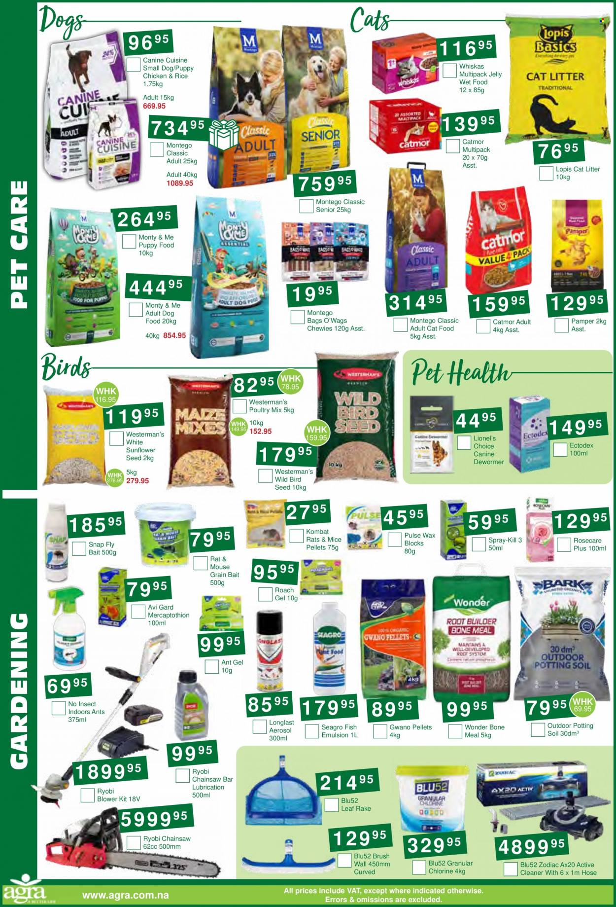 Agra catalogue  - 19/09/2023 - 03/10/2023 - Sales products - bag, cat litter, mouse, animal food, bird food, cat food, dog food, Whiskas, Pamper, Ryobi, chain saw, blower, brush, rake, cleaner. Page 4.