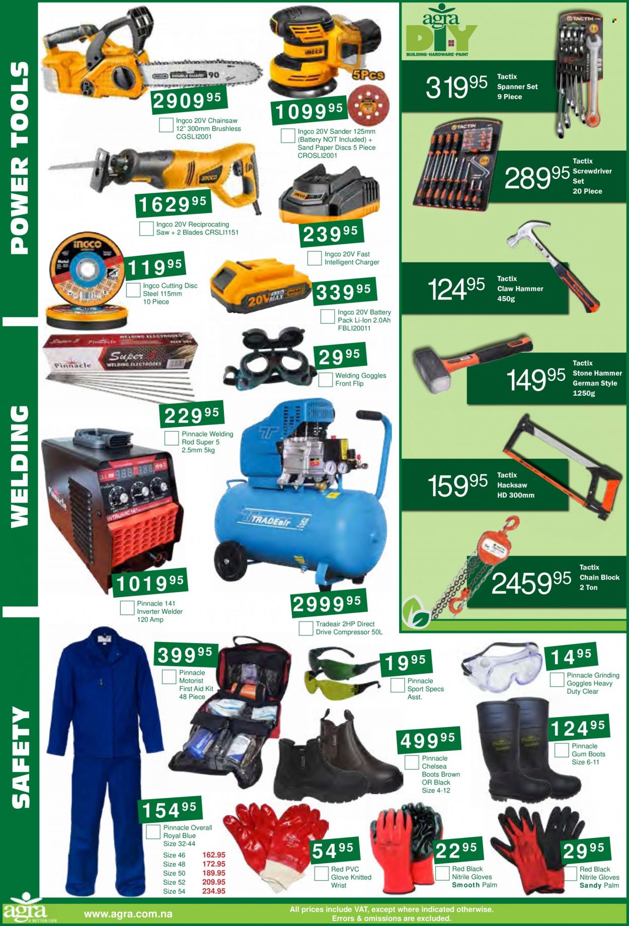 Agra catalogue  - 19/09/2023 - 03/10/2023 - Sales products - boots, compressor, paper, screwdriver, power tools, hammer, chain saw, saw, hacksaw, reciprocating saw, cutting disc, spanner, claw hammer, screwdriver set, air compressor, inverter welder, welder, palm, first aid kit. Page 6.