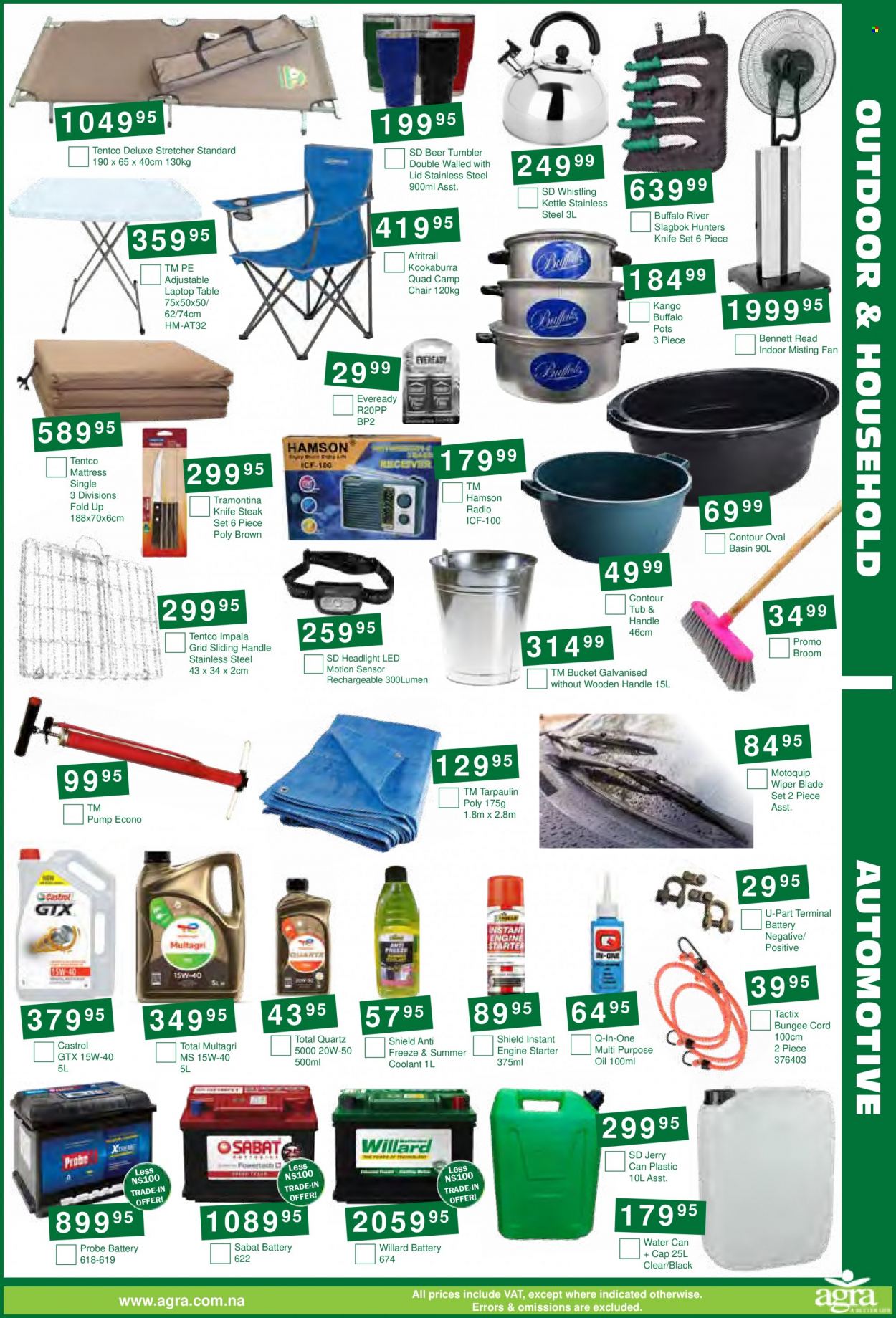Agra catalogue  - 19/09/2023 - 03/10/2023 - Sales products - Willard, knife, bucket, battery, Eveready, table, headlamp, pump, pot, radio, wiper blades, starter, Castrol, Total Quartz, chair, camping chair, jerry can. Page 7.