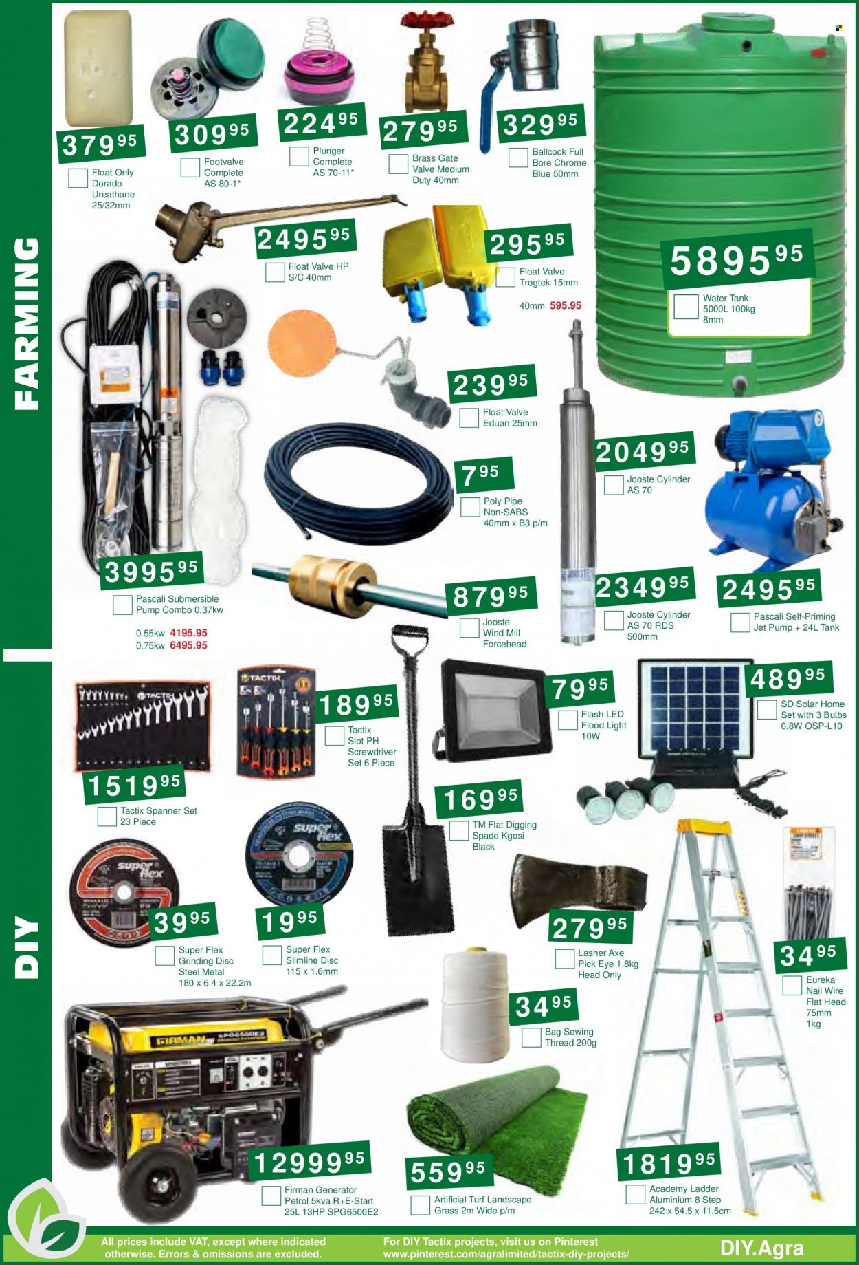 Agra catalogue  - 19/09/2023 - 03/10/2023 - Sales products - water tank, pipe, bag, bulb, tank, ladder, floodlight, screwdriver, grinding wheel, spade, screwdriver set, Axe, generator, thread. Page 8.