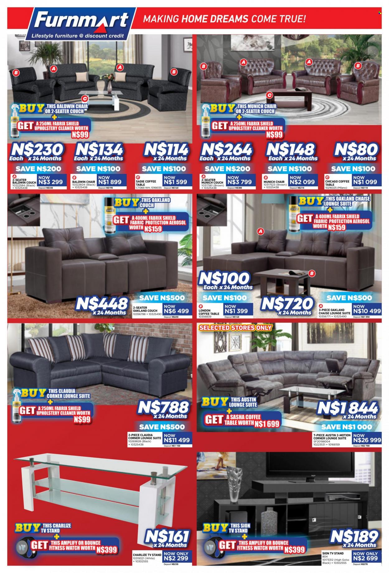 Furnmart catalogue  - 18/09/2023 - 14/10/2023 - Sales products - table, chair, lounge suite, couch, lounge, coffee table, TV stand, fitness smart watch. Page 4.