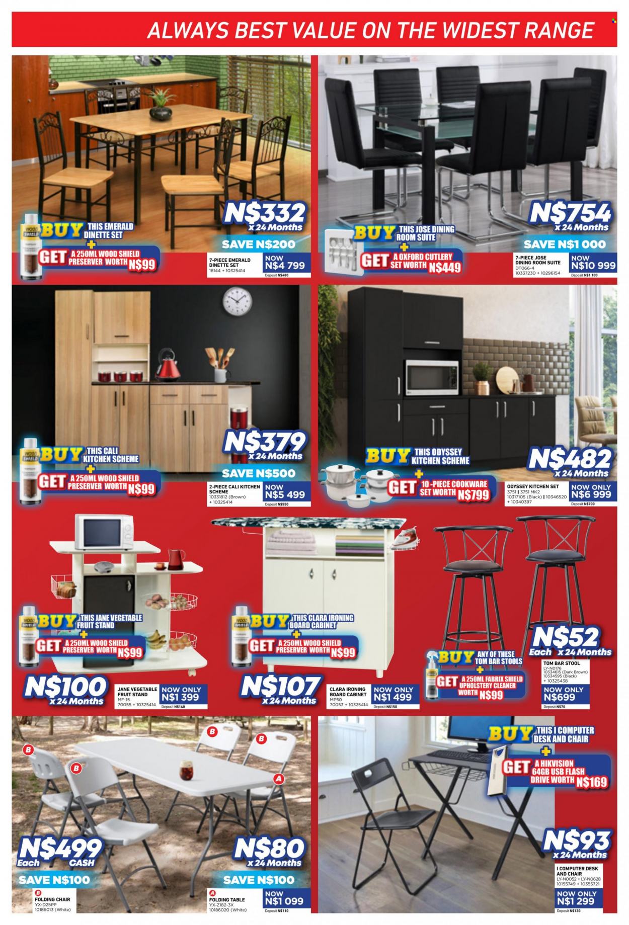 Furnmart catalogue  - 18/09/2023 - 14/10/2023 - Sales products - cabinet, kitchen scheme, table, dining room suite, stool, chair, bar stool, desk, folding table, folding chair, flash drive. Page 5.