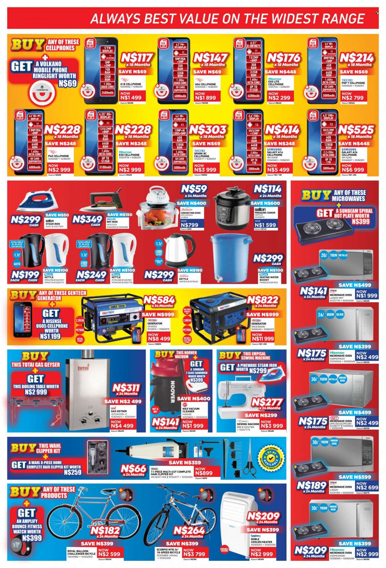 Furnmart catalogue  - 18/09/2023 - 14/10/2023 - Sales products - table, Samsung, Philips, fitness smart watch, Samsung Galaxy, memory card, Hisense, oven, convection oven, microwave, two plate stove, Sunbeam, vacuum cleaner, pressure cooker, sandwich maker, kettle, iron, steam iron, bicycle, generator. Page 7.