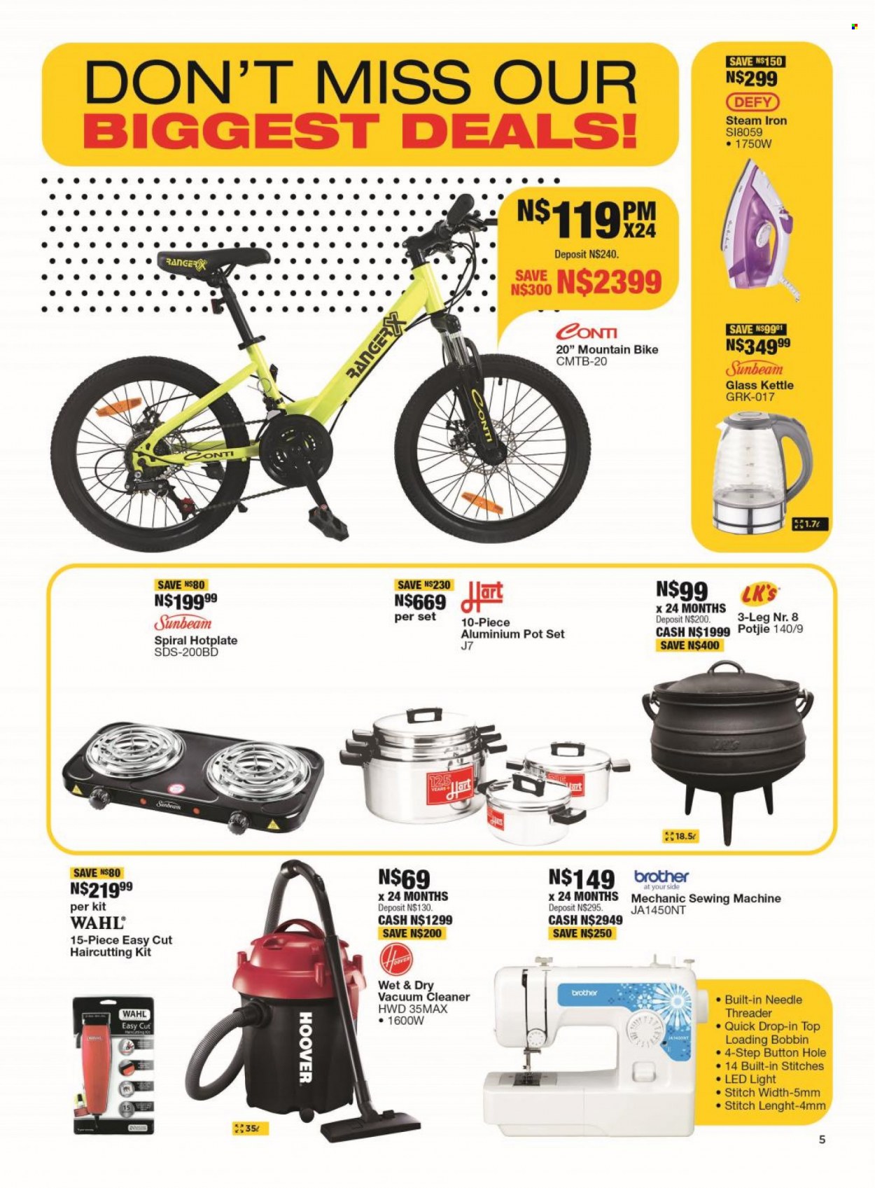 OK Furniture catalogue  - 18/09/2023 - 08/10/2023 - Sales products - Defy, Sunbeam, vacuum cleaner, kettle, iron, steam iron, sewing machine, mountain bike, bicycle. Page 5.