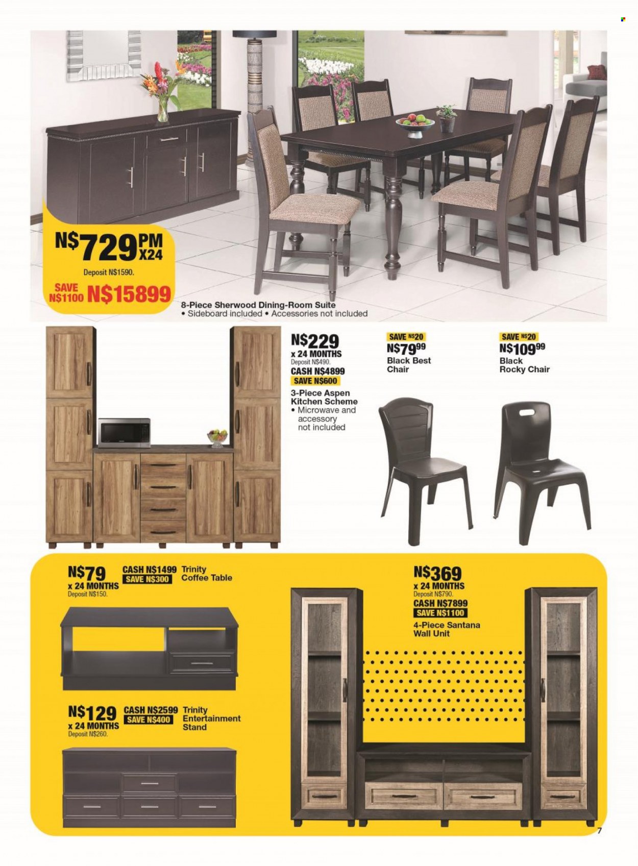 OK Furniture catalogue  - 18/09/2023 - 08/10/2023 - Sales products - kitchen scheme, table, chair, coffee table, sideboard, wall unit, microwave. Page 7.