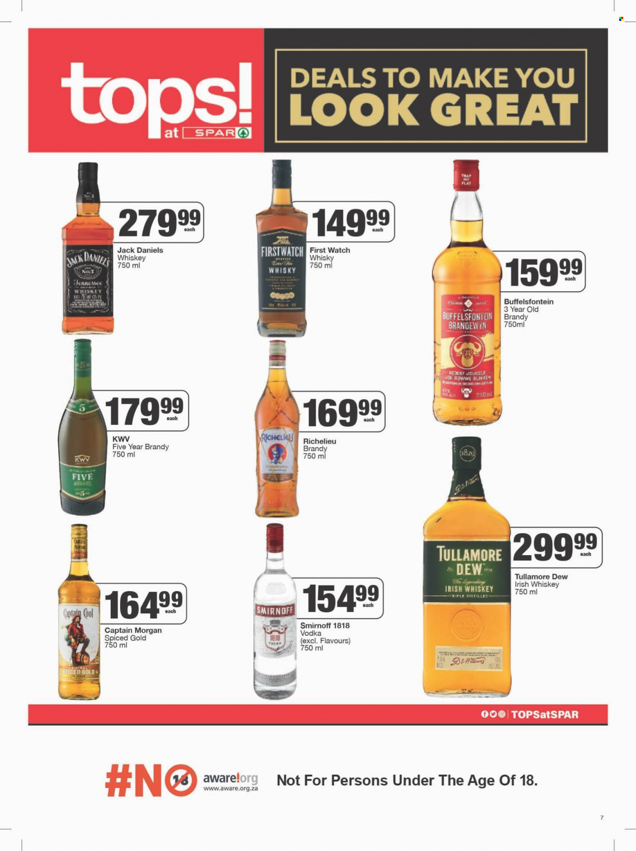SPAR catalogue  - 19/09/2023 - 08/10/2023 - Sales products - Jack Daniel's, alcohol, KWV, brandy, Captain Morgan, Smirnoff, vodka, whiskey, irish whiskey, Richelieu, Buffelsfontein, whisky. Page 6.
