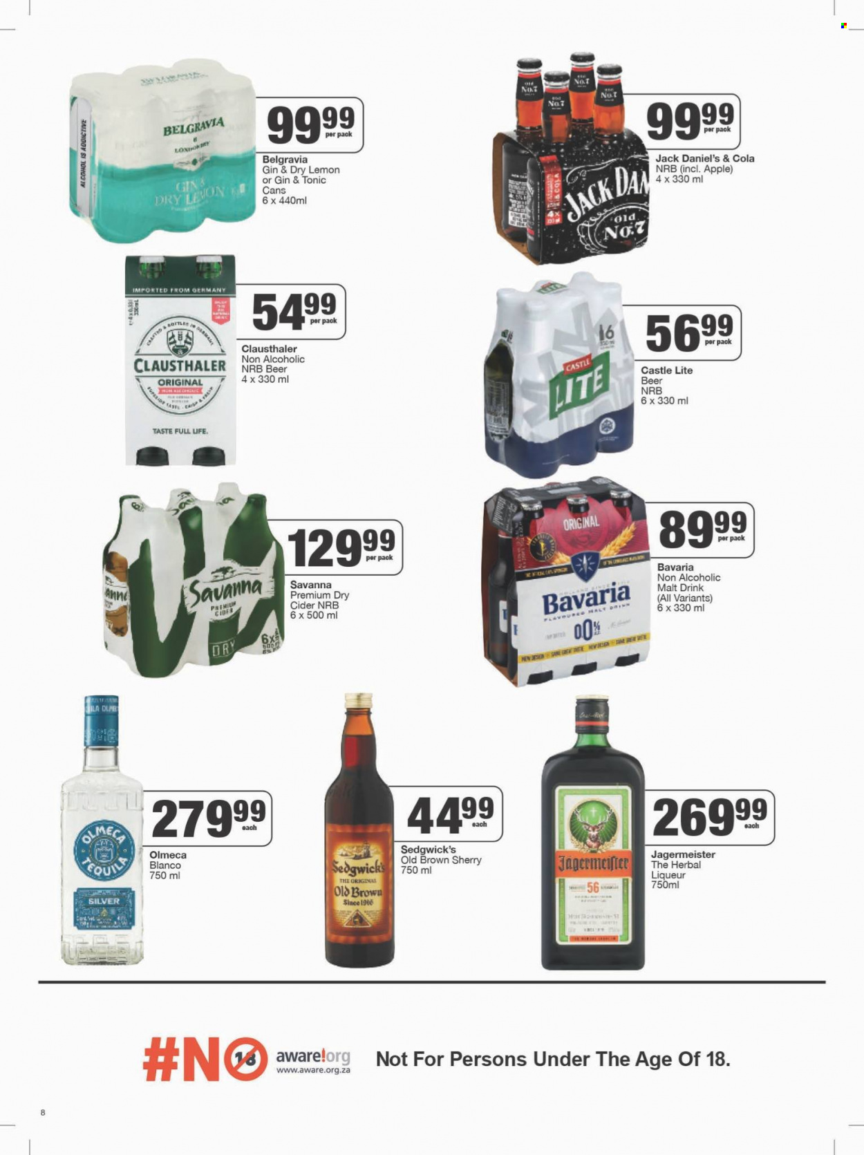 SPAR catalogue  - 19/09/2023 - 08/10/2023 - Sales products - Jack Daniel's, malt, alcohol, liqueur, sherry, whiskey, herbal liqueur, Jägermeister, Olmeca, Belgravia, gin & tonic, cider, beer, Castle. Page 7.