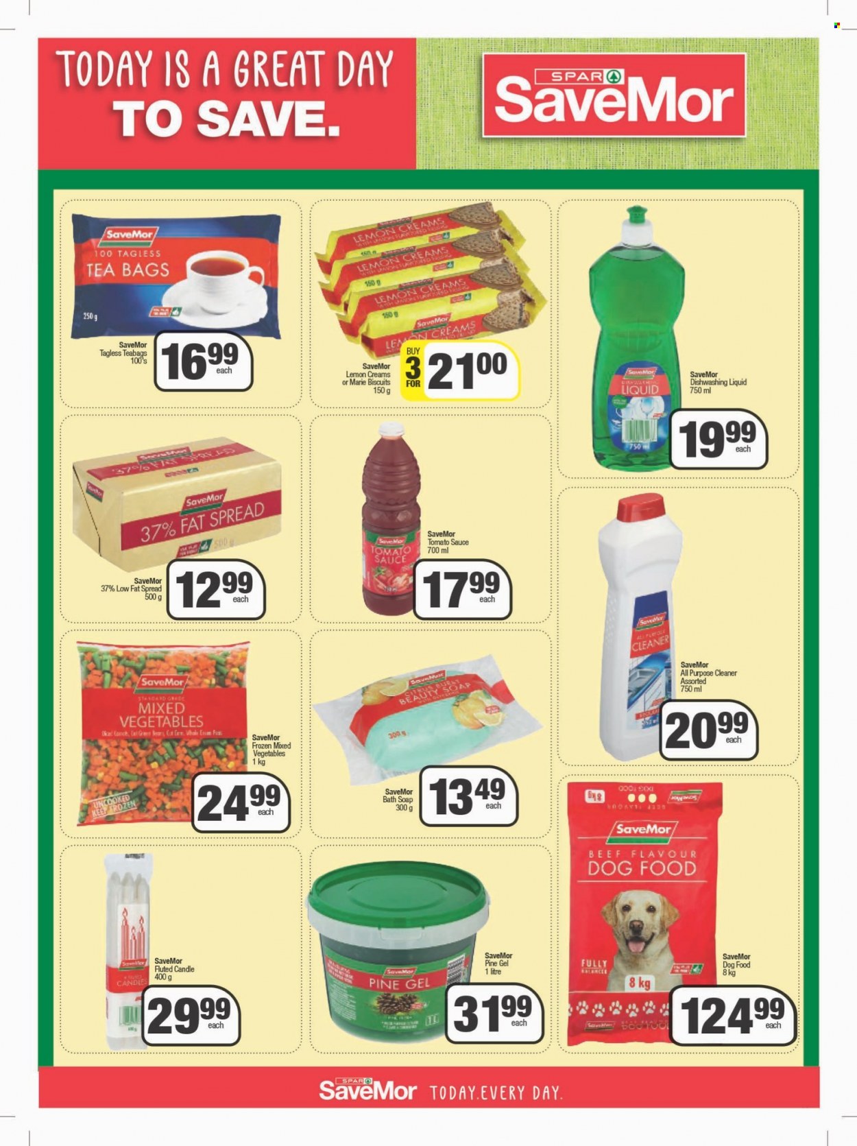 SPAR catalogue  - 19/09/2023 - 08/10/2023 - Sales products - mixed vegetables, sauce, fat spread, frozen vegetables, biscuit, tomato sauce, tea bags, all purpose cleaner, cleaner, soap, dishwashing liquid. Page 10.