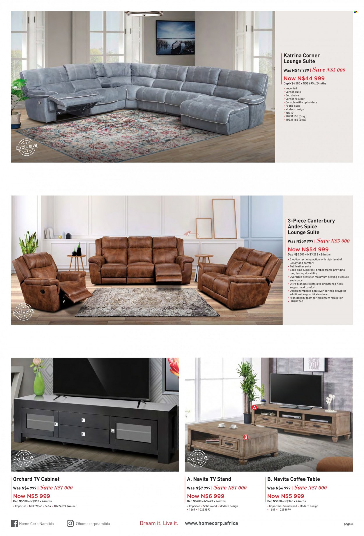 HomeCorp catalogue  - 01/06/2022 - 30/06/2022 - Sales products - cabinet, table, recliner chair, lounge suite, lounge, coffee table, TV stand. Page 5.