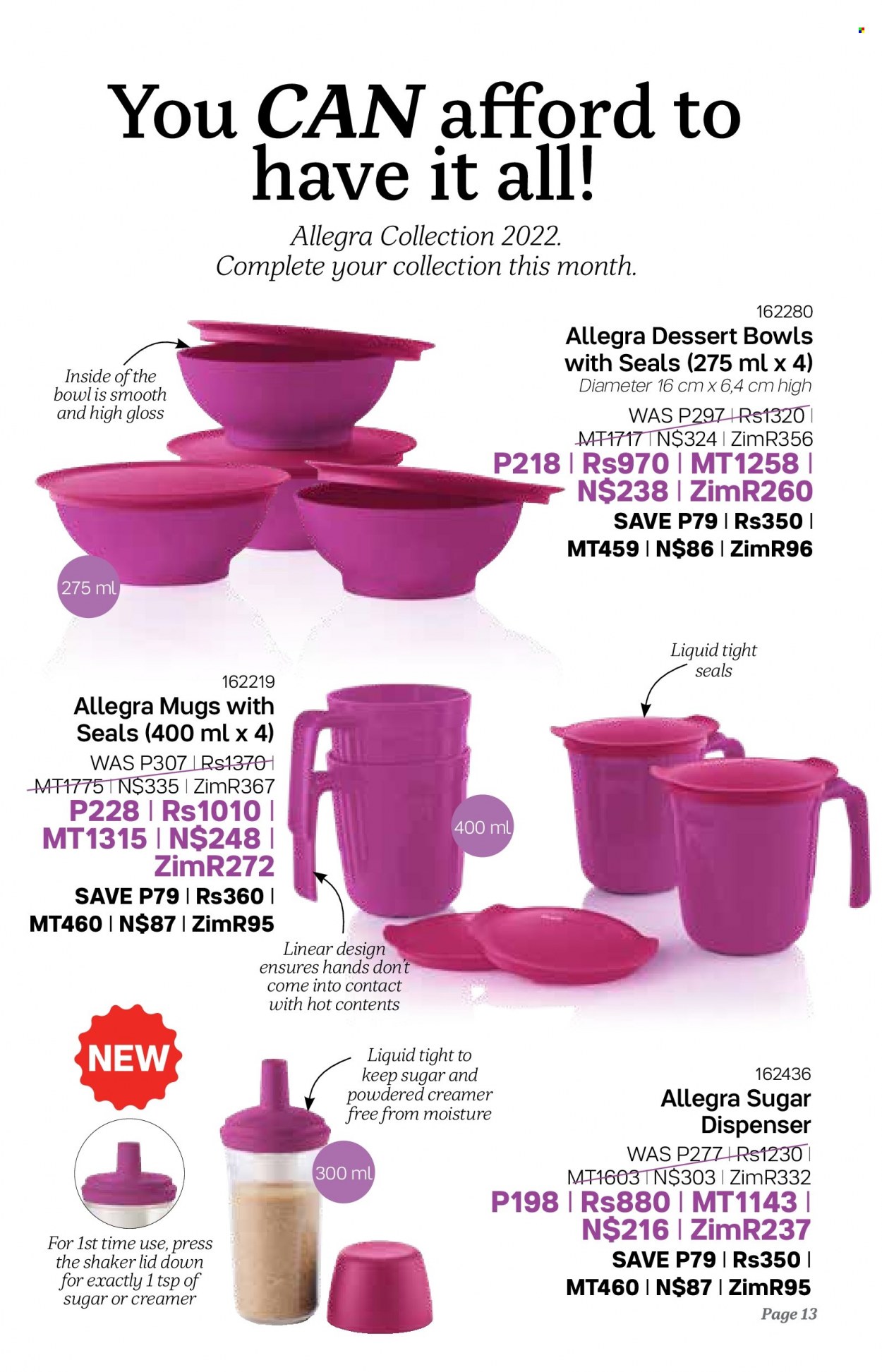 Tupperware catalogue  - 11/05/2022 - 07/06/2022 - Sales products - dispenser, shaker, lid, bowl. Page 13.
