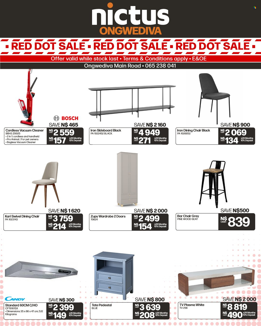 thumbnail - Nictus catalogue  - Sales products - chair, dining chair, sideboard, wardrobe, TV, Bosch, vacuum cleaner, iron, Candy. Page 1.