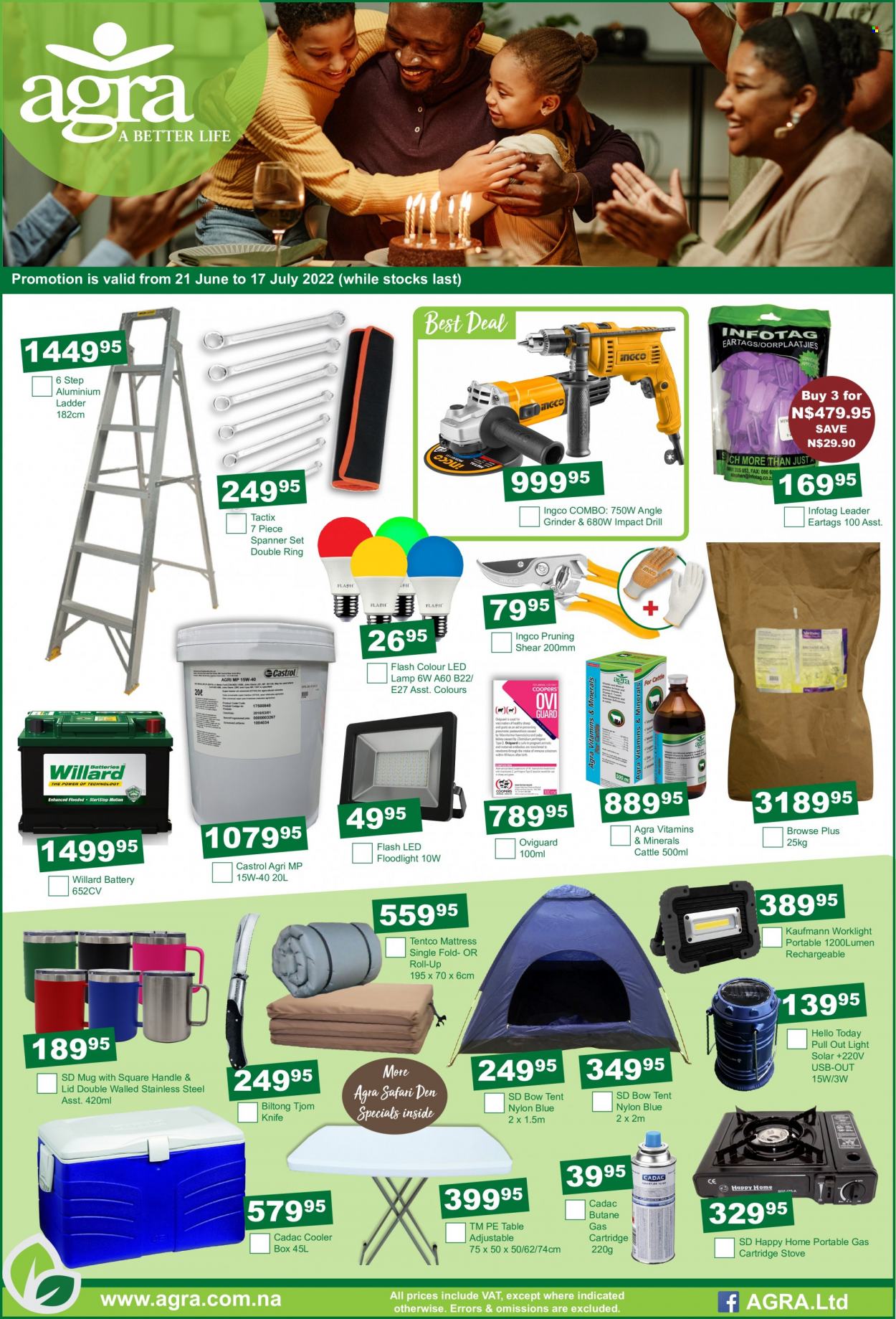 Agra catalogue  - 21/06/2022 - 17/07/2022 - Sales products - knife, ladder, lamp, floodlight, stove, drill, grinder, angle grinder, table, Castrol, tent, leader. Page 1.
