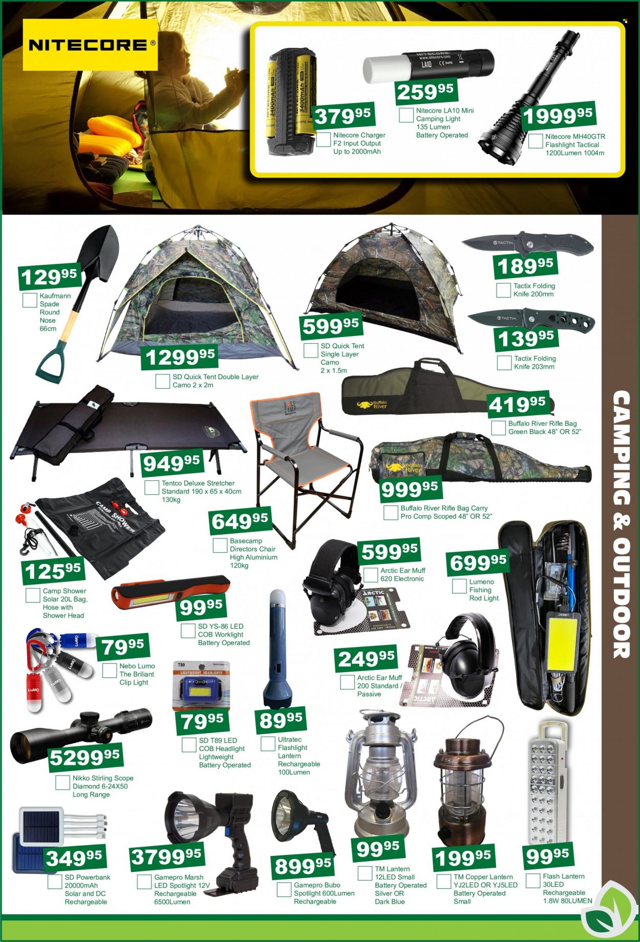 Agra catalogue  - 21/06/2022 - 17/07/2022 - Sales products - showerhead, knife, spotlight, lantern, spade, headlamp, flashlight, rifle, tent, chair, fishing rod, scope, folding knife. Page 3.
