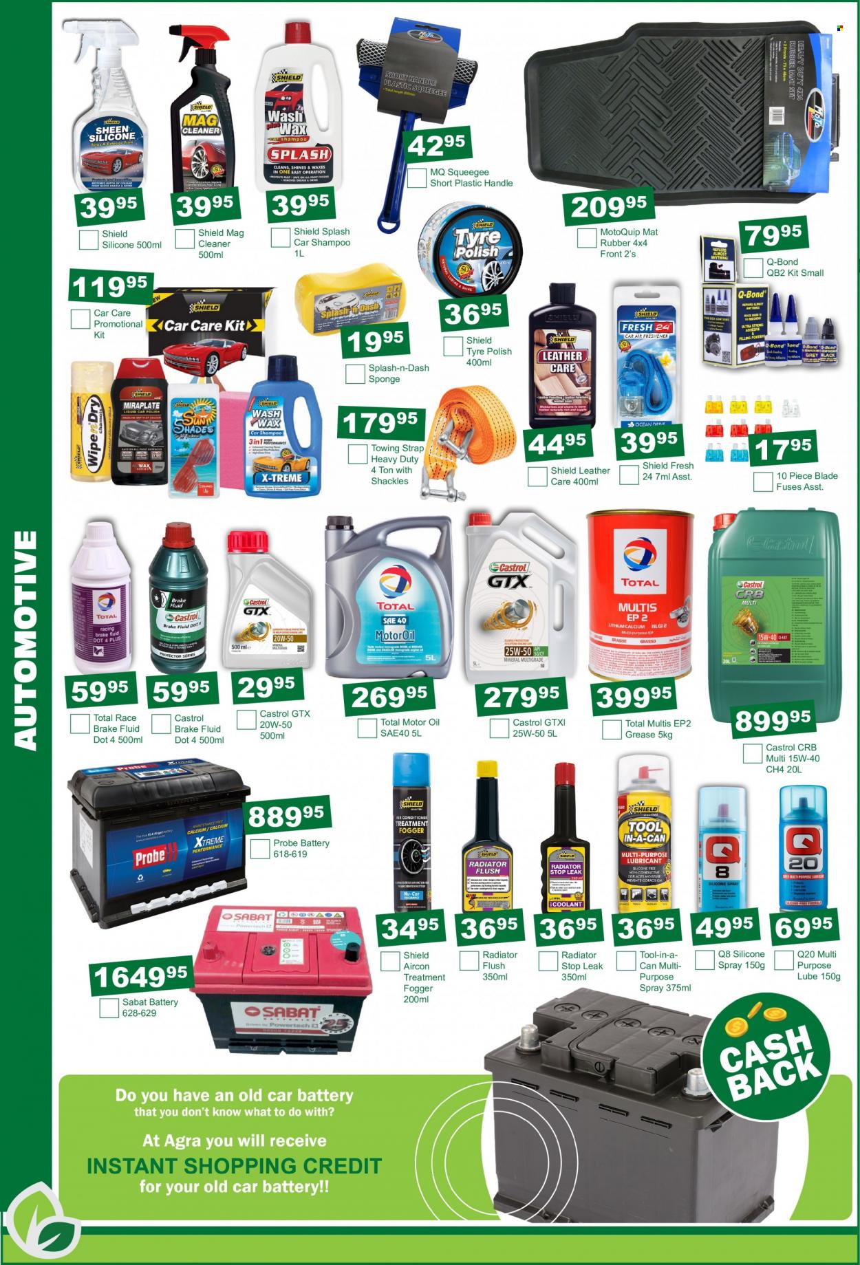Agra catalogue  - 21/06/2022 - 17/07/2022 - Sales products - eraser, battery, polish, oil, fogger, strap, car shampoo, cleaner, motor oil, Castrol, brake fluid, Total engine oil. Page 4.