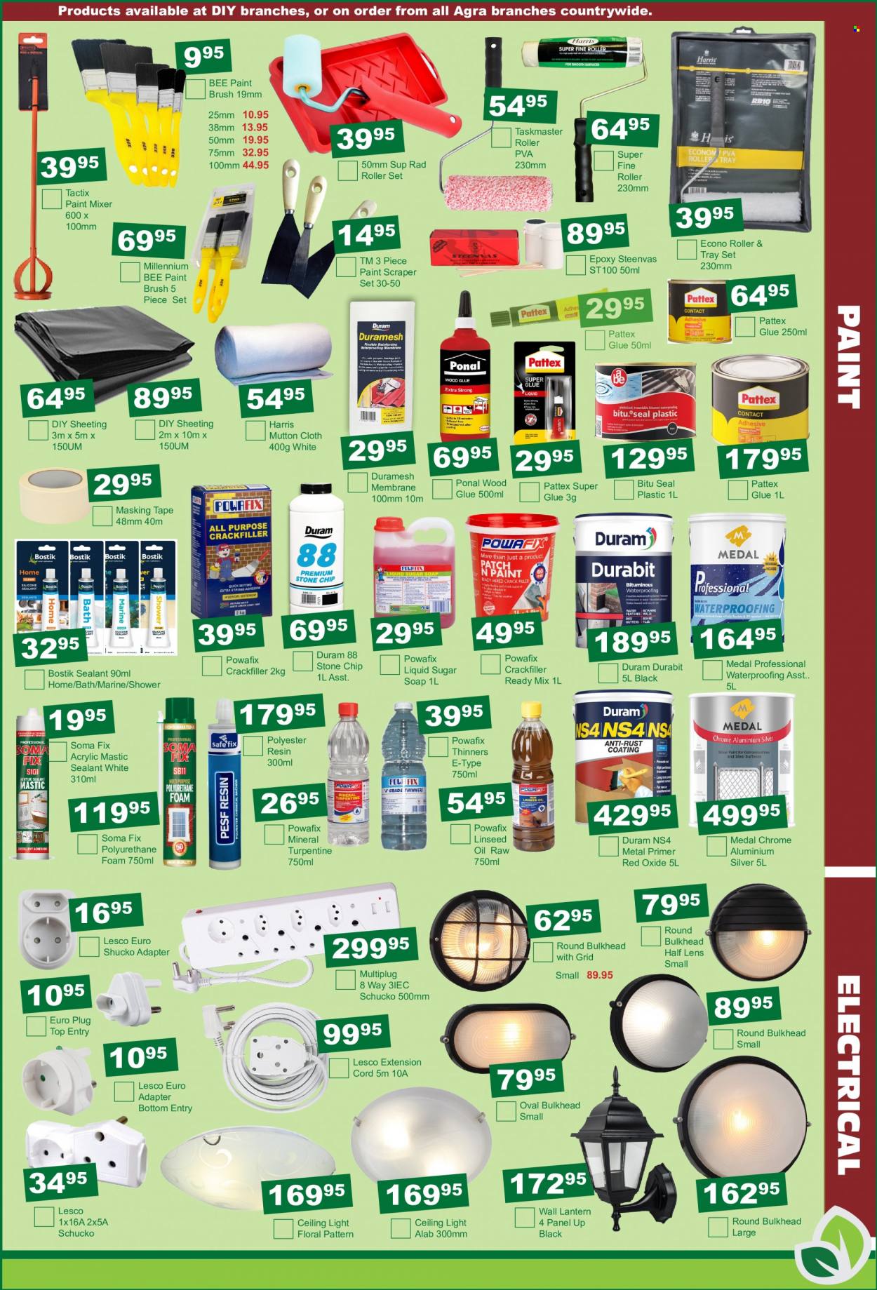 Agra catalogue  - 21/06/2022 - 17/07/2022 - Sales products - paint brush, glue, masking tape, sheeting, roller, paint mixer, Duram, Medal, lantern, ceiling lamp, multiplug, extension cord. Page 11.