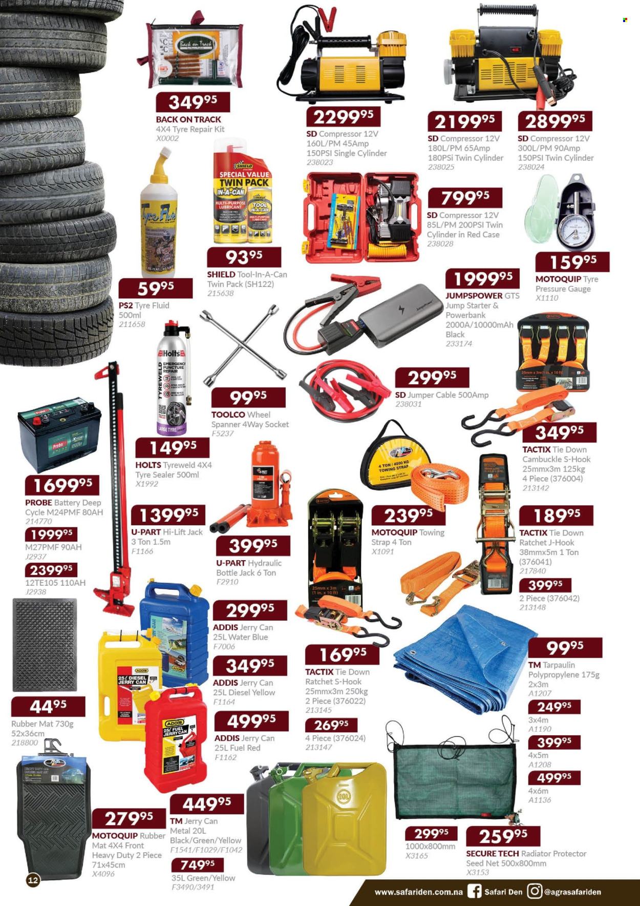 thumbnail - Agra catalogue  - 14/03/2024 - 15/06/2024 - Sales products - hook, rubber mat, compressor, battery, radiator, spanner, hand tools, multi-purpose tool, air compressor, lubricant, strap, gauge, floor jack, starter, jerry can. Page 12.