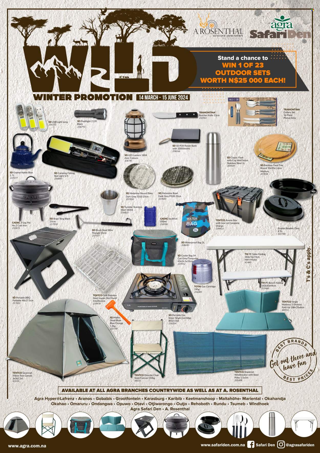 thumbnail - Agra catalogue  - 14/03/2024 - 15/06/2024 - Sales products - gas cartridge, bag, bowl, lantern, stove, tong, table, portable barbecue, houseplant, flashlight, tent, chair, fishing rod, ammo can, ammo. Page 1.