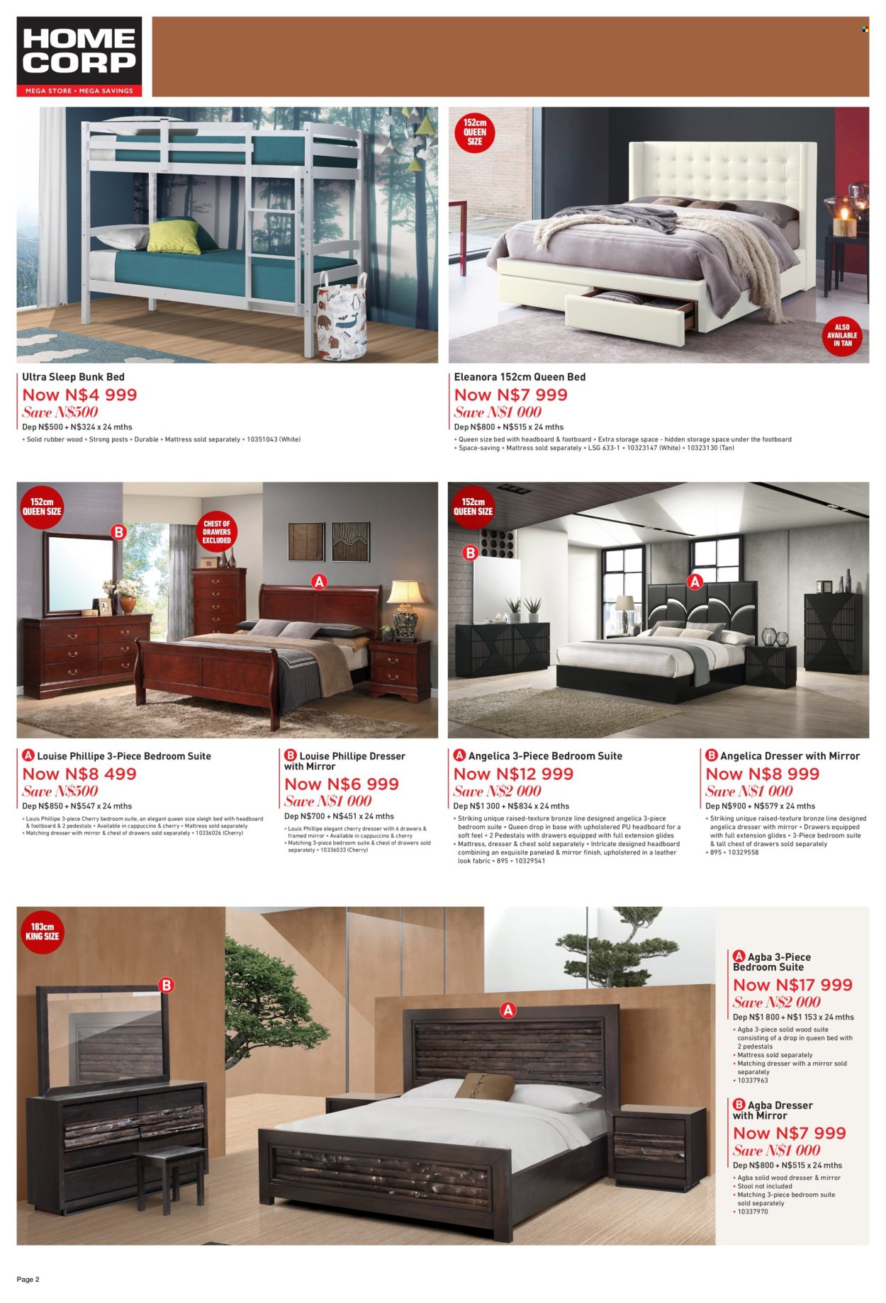 thumbnail - HomeCorp catalogue  - 01/04/2024 - 30/04/2024 - Sales products - stool, chest of drawers, bedroom suite, bed, queen bed, headboard, bunk bed, mattress, dresser. Page 2.