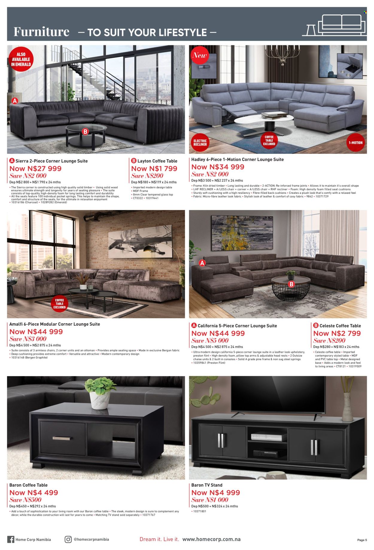 thumbnail - HomeCorp catalogue  - 01/04/2024 - 30/04/2024 - Sales products - chair, recliner chair, lounge suite, lounge, coffee table, TV stand, ottoman, cushion, pillow. Page 5.
