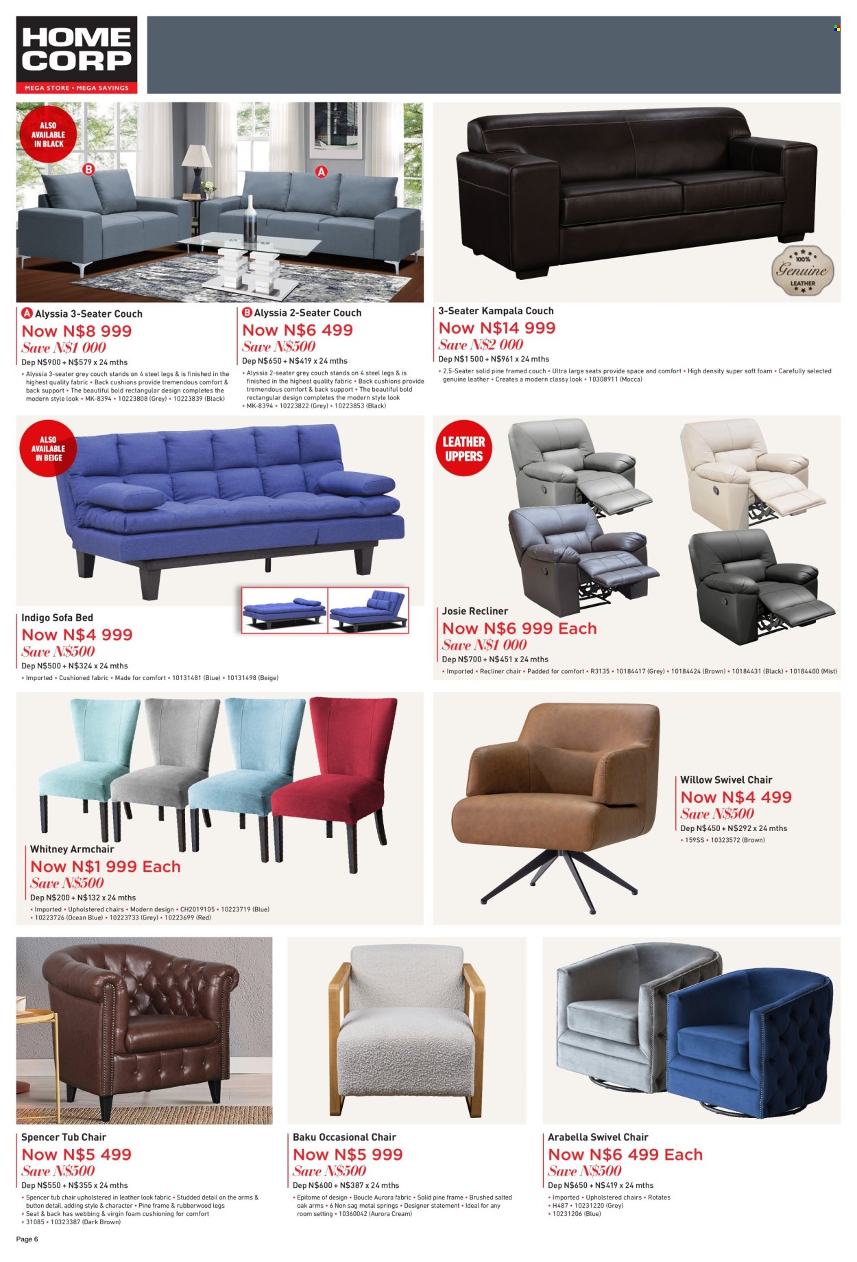 thumbnail - HomeCorp catalogue  - 01/04/2024 - 30/04/2024 - Sales products - chair, arm chair, sofa, swivel chair, sofa bed, recliner chair, couch, cushion. Page 6.