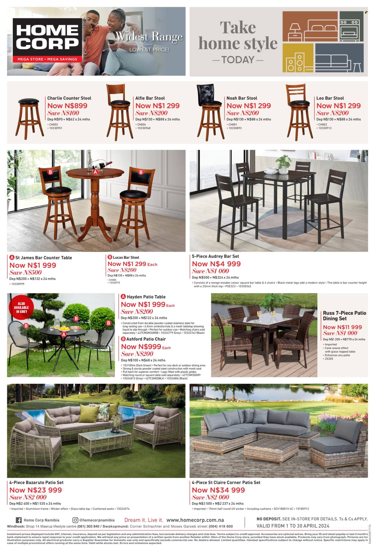 thumbnail - HomeCorp catalogue  - 01/04/2024 - 30/04/2024 - Sales products - dining set, stool, chair, bar stool, coctail table, patio furniture, patio set, patio chair, cushion. Page 8.