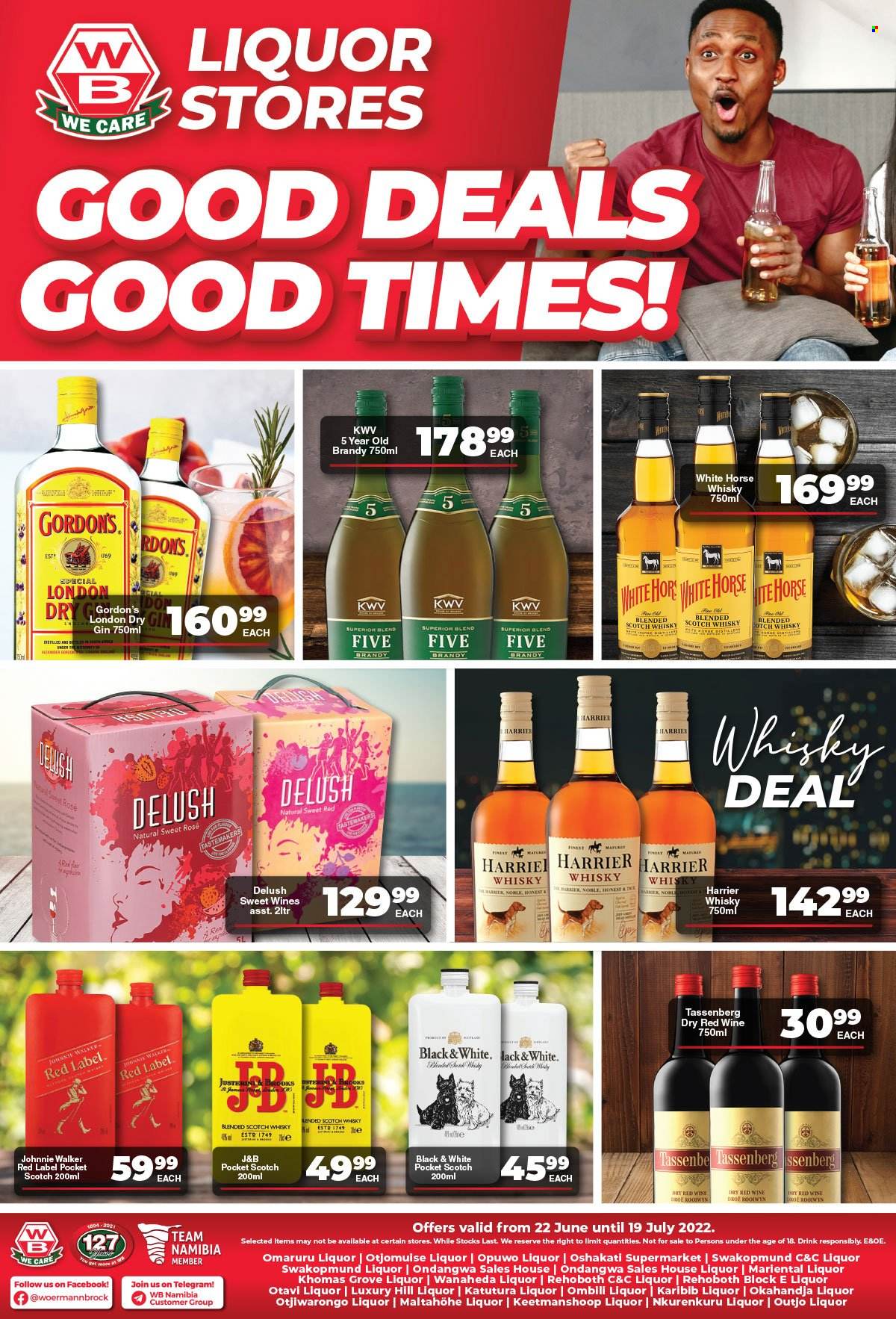 Woermann Brock catalogue  - 22/06/2022 - 19/07/2022 - Sales products - red wine, wine, KWV, rosé wine, brandy, gin, liquor, Johnny Walker, Gordon's, ron, Harrier, scotch whisky, whisky. Page 4.