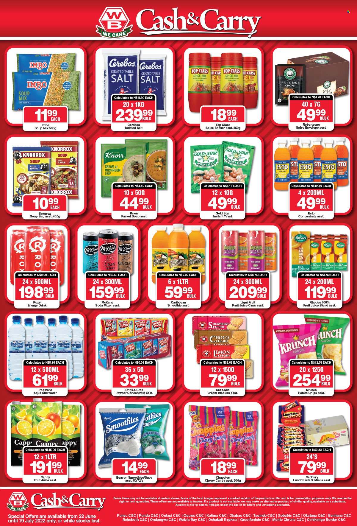 thumbnail - Woermann Brock catalogue  - 22/06/2022 - 19/07/2022 - Sales products - ginger, oranges, mushroom soup, soup mix, soup, Knorr, yeast, biscuit, Cadbury, potato chips, chips, Knorrox, spice, energy drink, fruit juice, juice, mineral water, soda, bottled water, alcohol, beef meat, steak. Page 4.