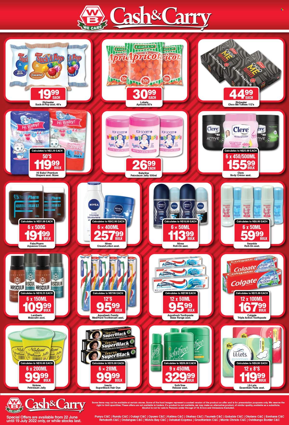 thumbnail - Woermann Brock catalogue  - 22/06/2022 - 19/07/2022 - Sales products - Toffees, caramel, alcohol, nappies, Nivea, Colgate, toothbrush, toothpaste, Lil-lets, petroleum jelly, relaxer, body lotion, Clere, Top Society, roll-on, Lenthéric, Swankie. Page 5.