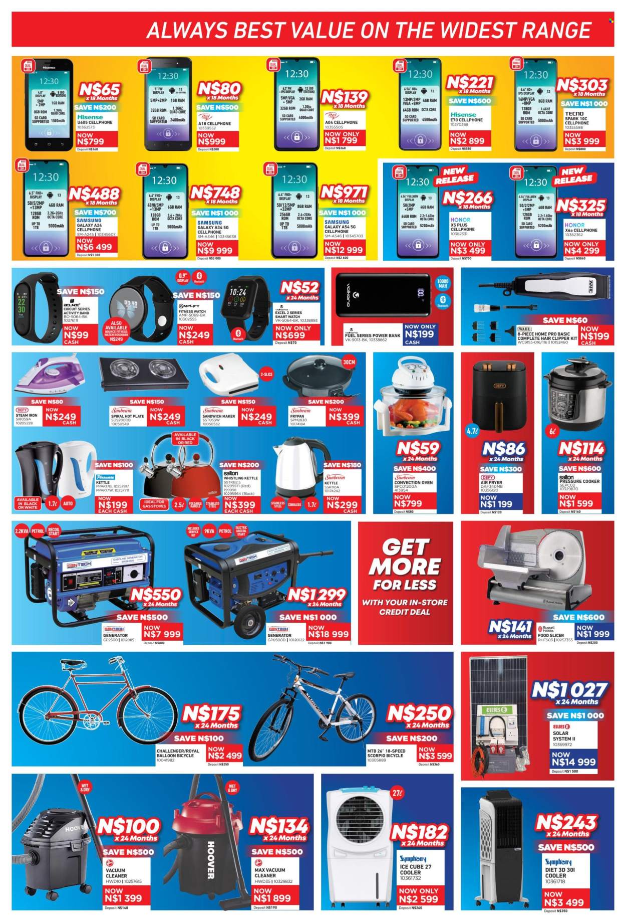 thumbnail - Furnmart catalogue  - 08/04/2024 - 12/05/2024 - Sales products - Samsung, fitness smart watch, smart watch, Honor, Samsung Galaxy, memory card, power bank, Hisense, Volkano, Defy, convection oven, two plate stove, Sunbeam, vacuum cleaner, pressure cooker, air fryer, slicer, Russell Hobbs, sandwich maker, kettle, iron, steam iron, bicycle, generator. Page 7.