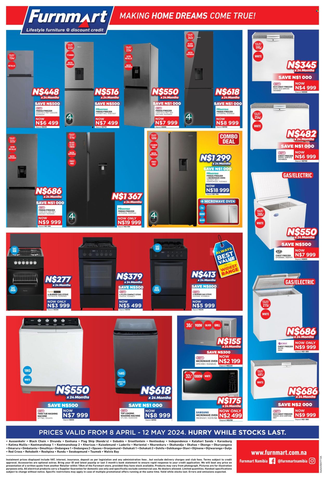 thumbnail - Furnmart catalogue  - 08/04/2024 - 12/05/2024 - Sales products - Samsung, Hisense, Defy, freezer, chest freezer, refrigerator, fridge, oven, stove, gas stove, microwave, hob, washing machine, water dispenser. Page 8.