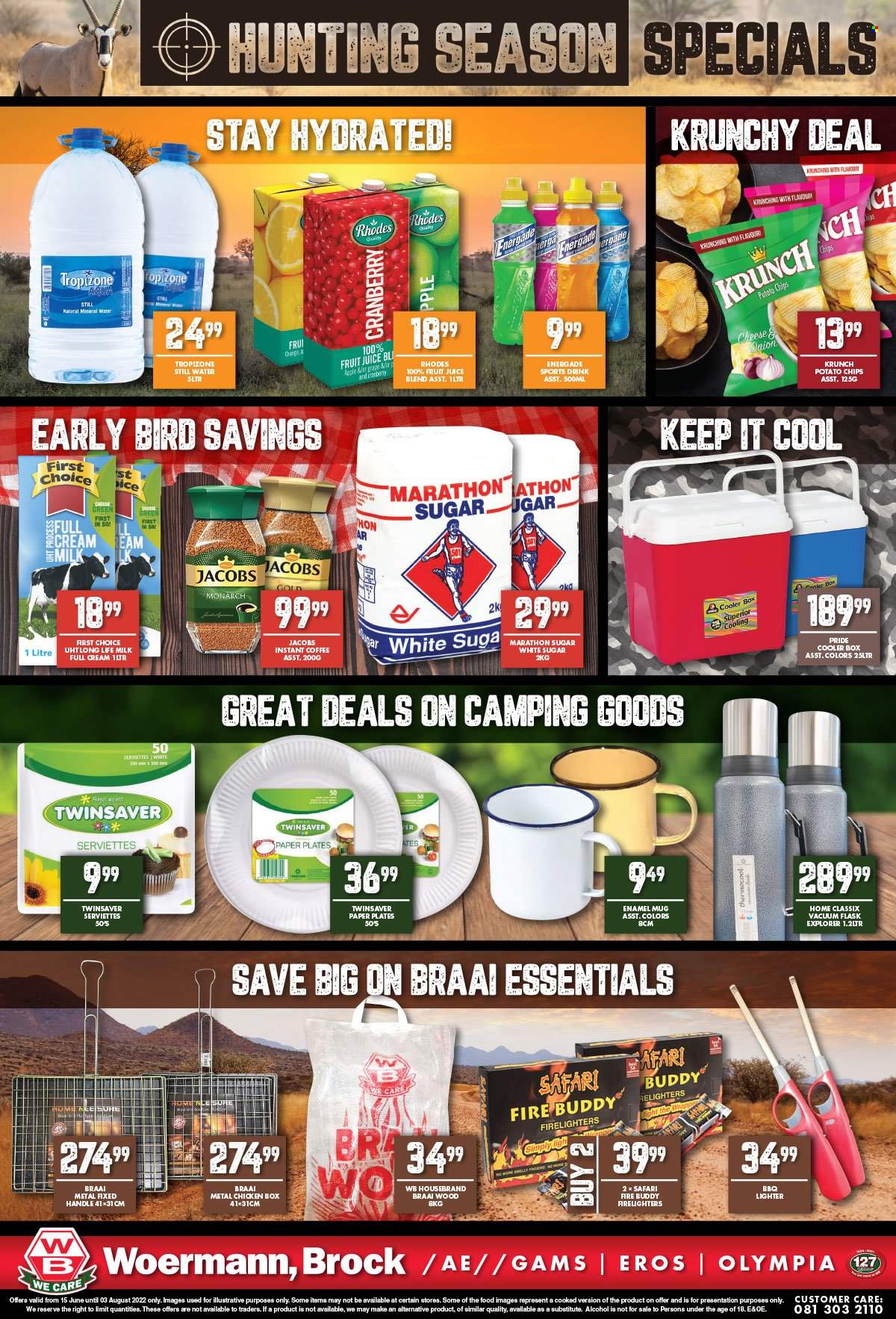 Woermann Brock catalogue  - 15/06/2022 - 03/08/2022 - Sales products - onion, oranges, cheese, milk, long life milk, potato chips, chips, sugar, fruit juice, juice, mineral water, bottled water, instant coffee, Jacobs, alcohol. Page 3.