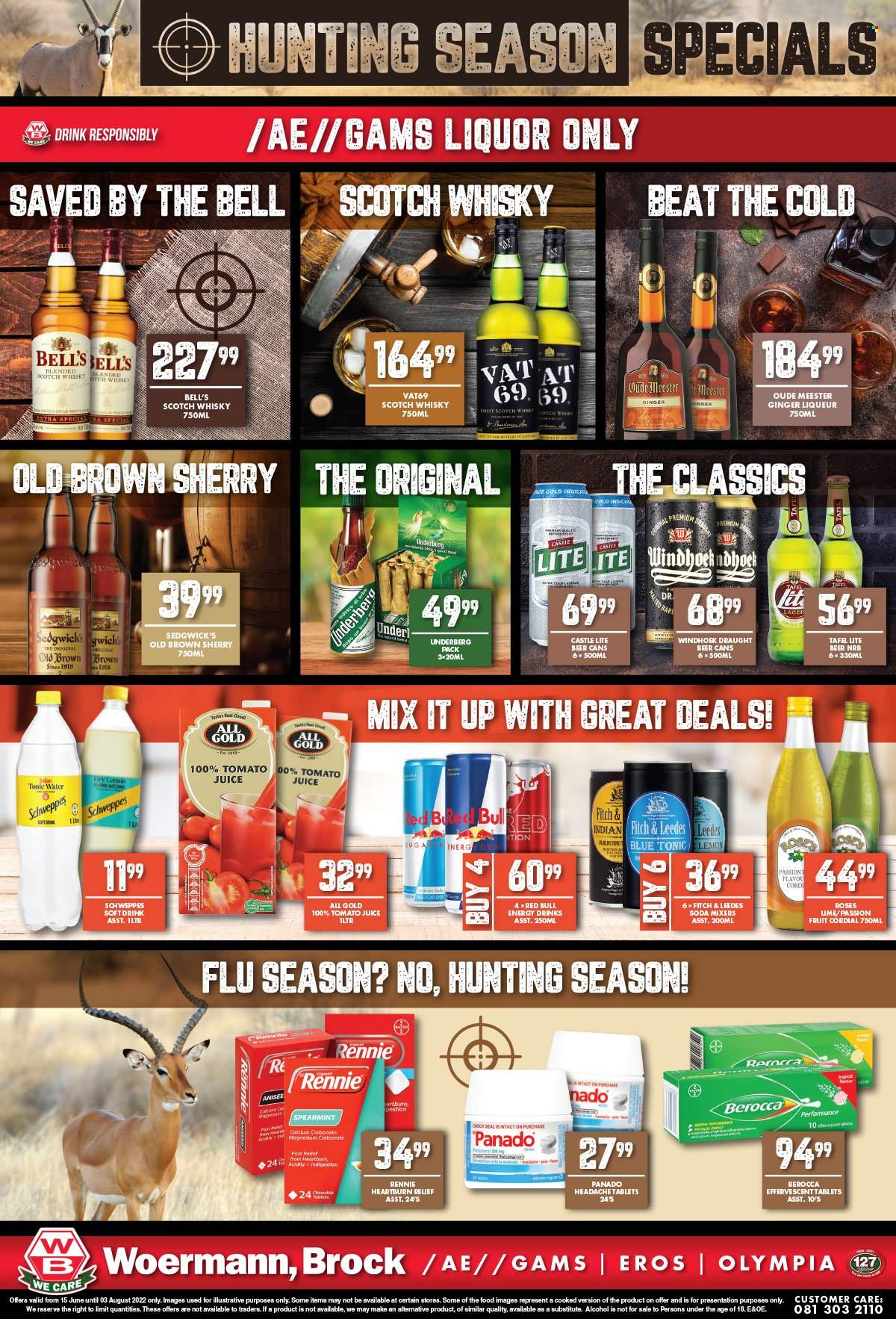 Woermann Brock catalogue  - 15/06/2022 - 03/08/2022 - Sales products - ginger, sugar, Schweppes, tomato juice, energy drink, juice, tonic, soft drink, Red Bull, soda, alcohol, liqueur, sherry, liquor, scotch whisky, whisky, beer, Castle, Lager. Page 4.