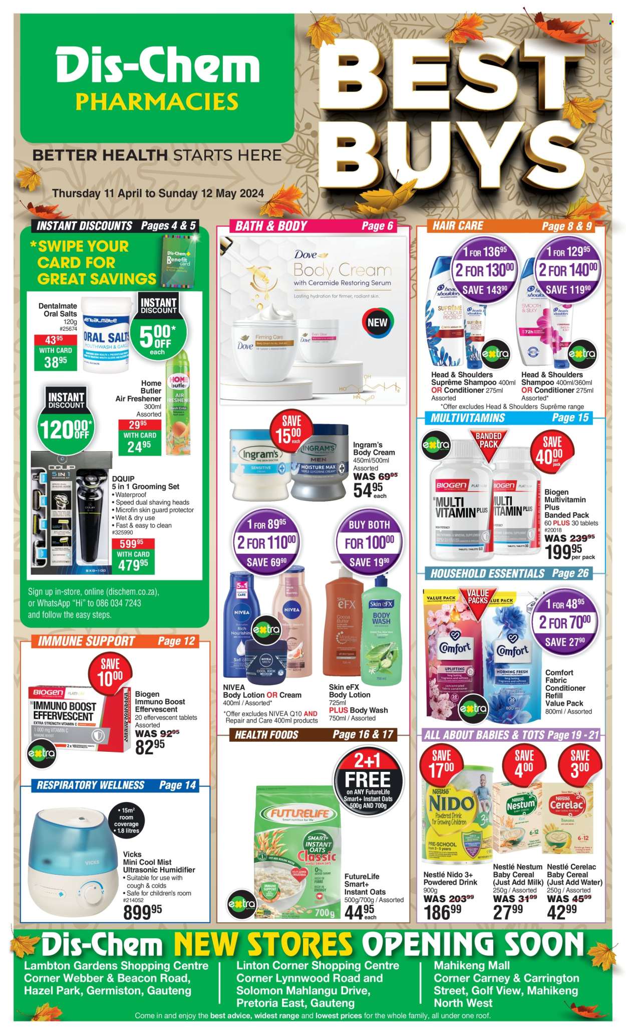 thumbnail - Dis-Chem catalogue  - 11/04/2024 - 12/05/2024 - Sales products - Nivea, fabric softener, Comfort softener, body wash, shampoo, hair products, Head & Shoulders, body lotion, body cream, grooming set, Vicks, humidifier, multivitamin, Nestlé. Page 1.
