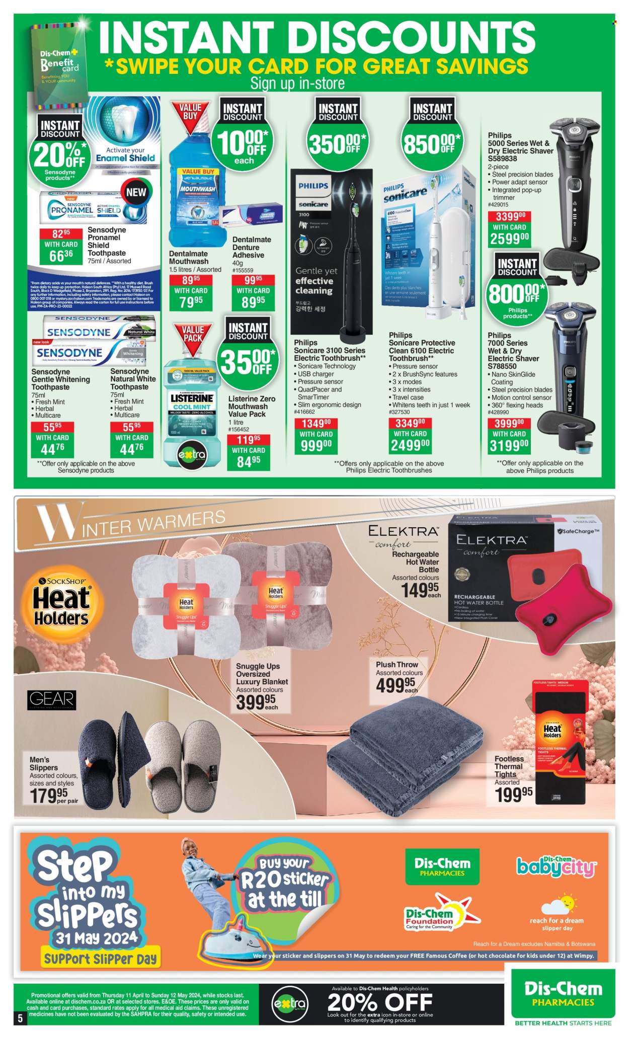 thumbnail - Dis-Chem catalogue  - 11/04/2024 - 12/05/2024 - Sales products - Philips, Snuggle, Listerine, toothbrush, toothpaste, Sensodyne, mouthwash, denture cream, teeth whitening, shaver, electric toothbrush, Sonicare, trimmer. Page 5.