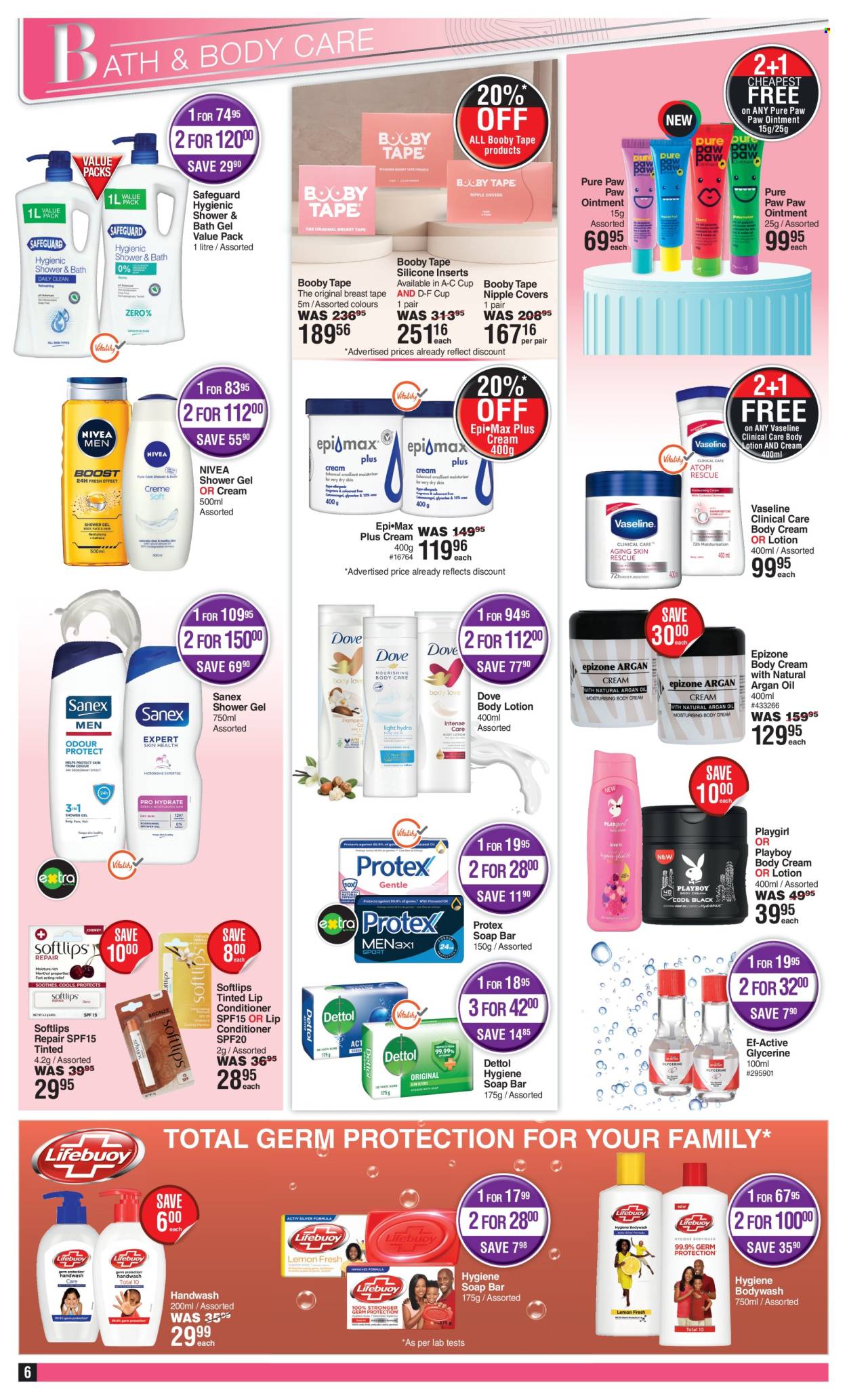 thumbnail - Dis-Chem catalogue  - 11/04/2024 - 12/05/2024 - Sales products - Dettol, Nivea, ointment, Dove, shower gel, hand wash, Protex, Vaseline, soap bar, soap, conditioner, body lotion, body cream, Playboy, Playgirl, Sanex. Page 6.
