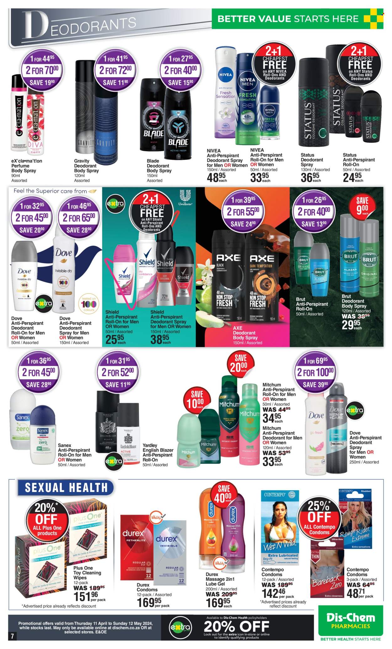 thumbnail - Dis-Chem catalogue  - 11/04/2024 - 12/05/2024 - Sales products - cleansing wipes, wipes, Nivea, Dove, body spray, anti-perspirant, eau de parfum, roll-on, English Blazer, Yardley, deodorant, Brut, Sanex, Axe, condom. Page 7.