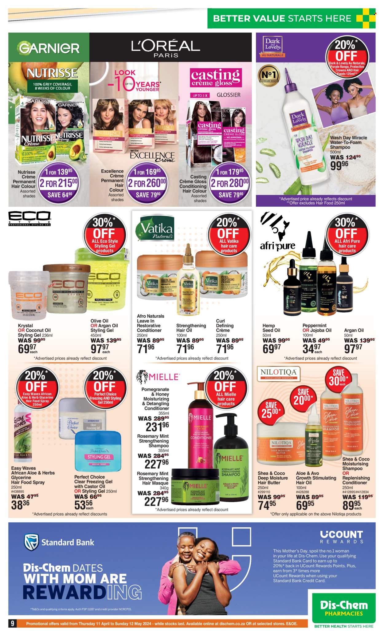thumbnail - Dis-Chem catalogue  - 11/04/2024 - 12/05/2024 - Sales products - shampoo, hair products, coconut oil, conditioner, hair color, Mielle, hair oil, styling gel, shades. Page 9.