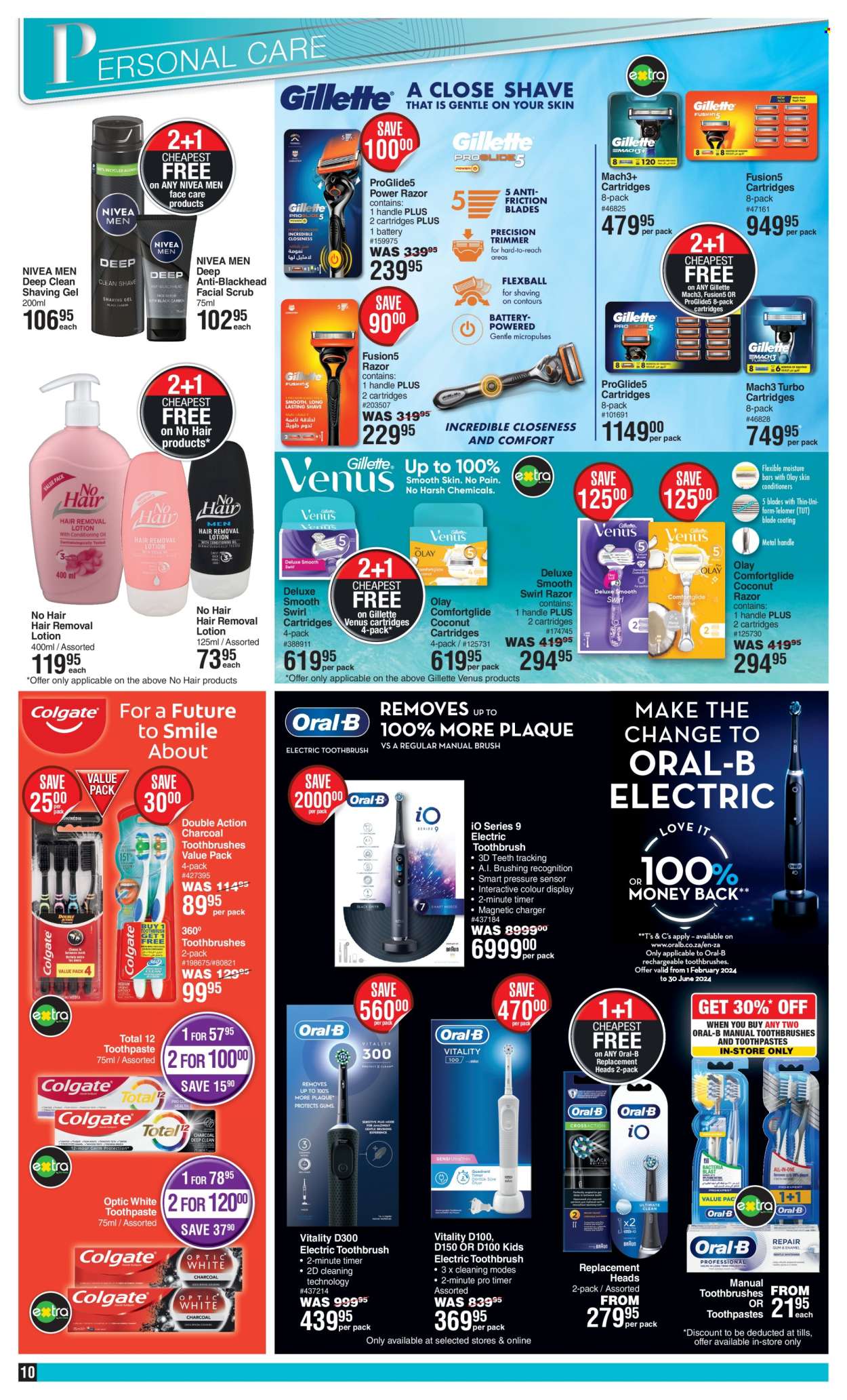 thumbnail - Dis-Chem catalogue  - 11/04/2024 - 12/05/2024 - Sales products - Nivea, hair products, Nivea Men, toothbrush, Oral-B, toothpaste, cleansing scrub, Olay, Gillette, razor, shave gel, Venus, hair removal, razor cartridges, electric toothbrush. Page 10.