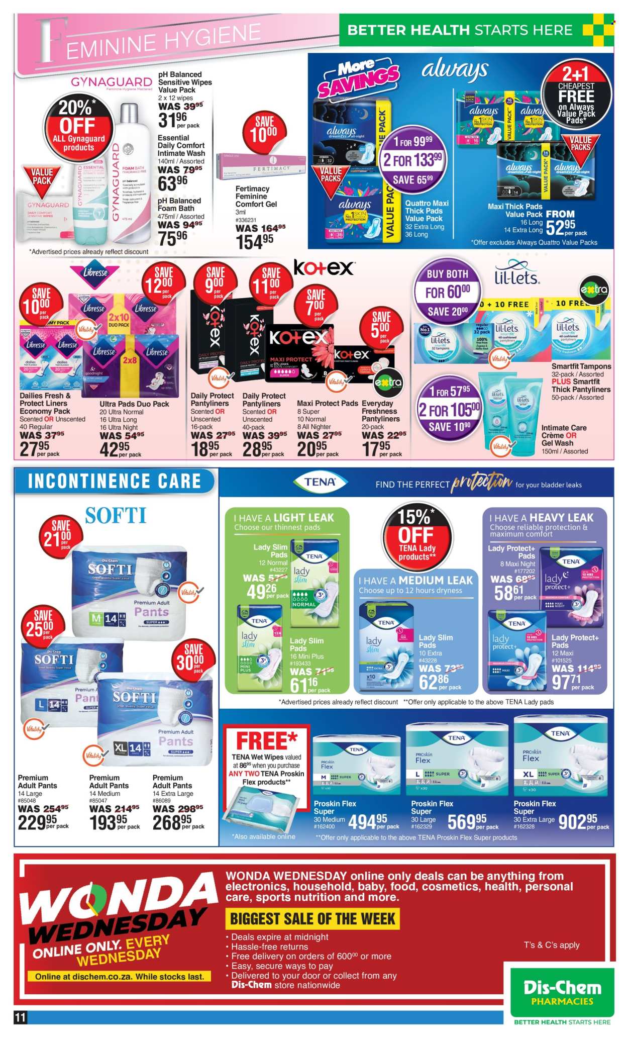 thumbnail - Dis-Chem catalogue  - 11/04/2024 - 12/05/2024 - Sales products - wipes, pants, pads, bath foam, intimate wash, Tena Lady, pantyliners, tampons. Page 11.