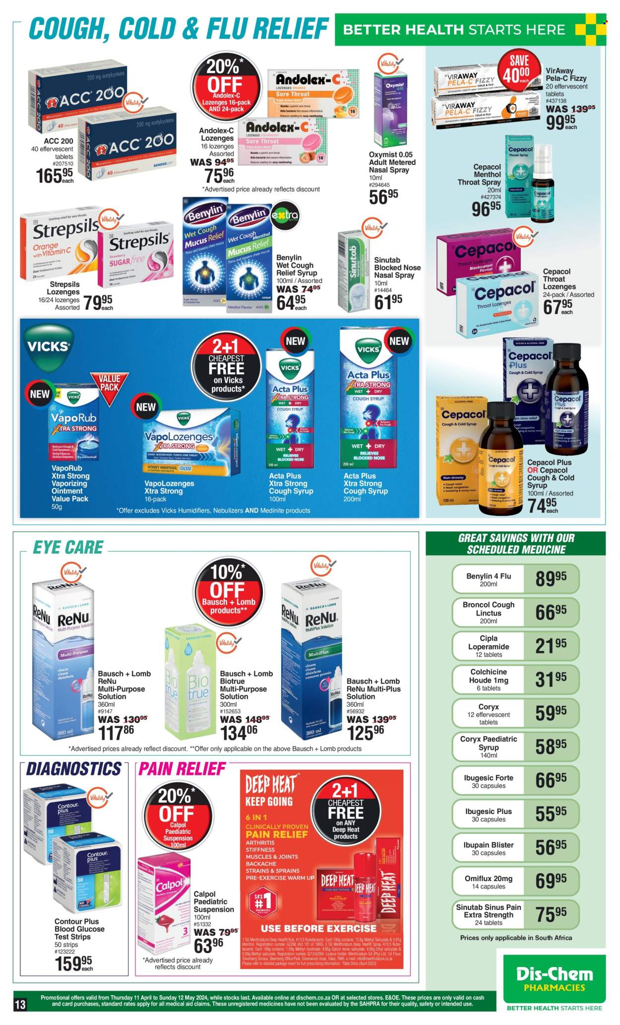 thumbnail - Dis-Chem catalogue  - 11/04/2024 - 12/05/2024 - Sales products - ointment, antibacterial spray, XTRA, Vicks, Cold & Flu, pain relief, Biotrue, Andolex, syrup, Calpol, VapoRub, Strepsils, paediatric syrup, Benylin, nasal spray, health supplement, medicine, cough syrup, cold product. Page 13.