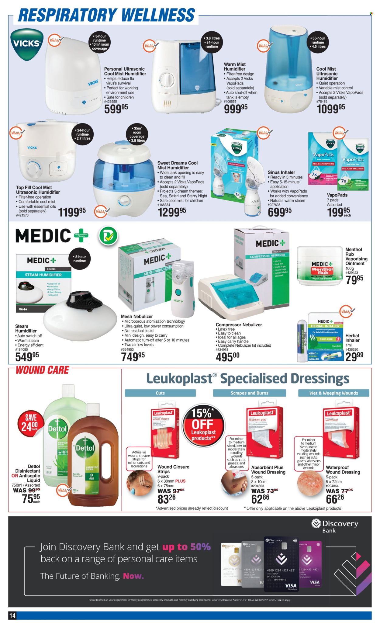 thumbnail - Dis-Chem catalogue  - 11/04/2024 - 12/05/2024 - Sales products - Dettol, ointment, pads, desinfection, Vicks, humidifier, antiseptic liquid. Page 14.