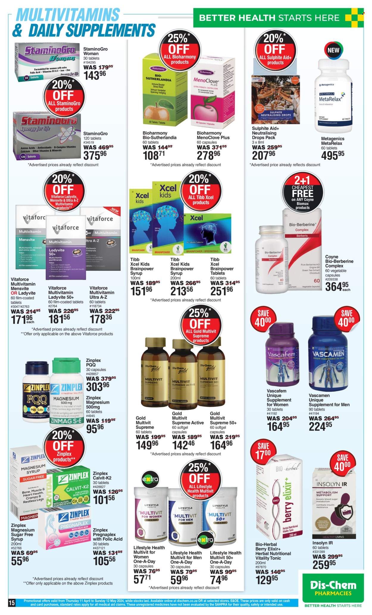 thumbnail - Dis-Chem catalogue  - 11/04/2024 - 12/05/2024 - Sales products - magnesium, multivitamin, syrup, dietary supplement. Page 15.