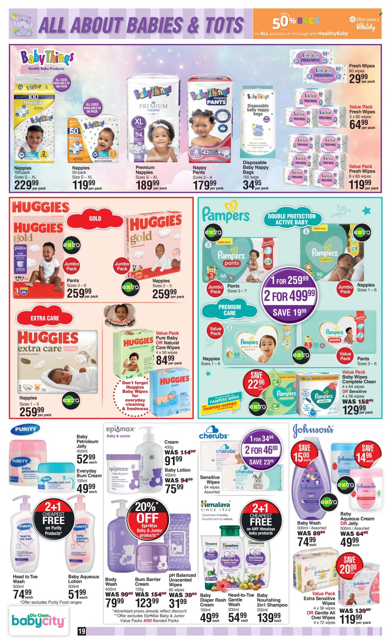 thumbnail - Dis-Chem catalogue  - 11/04/2024 - 12/05/2024 - Sales products - wipes, Huggies, pants, baby wipes, petroleum jelly, baby lotion, baby cream, body wash, shampoo, bag. Page 19.