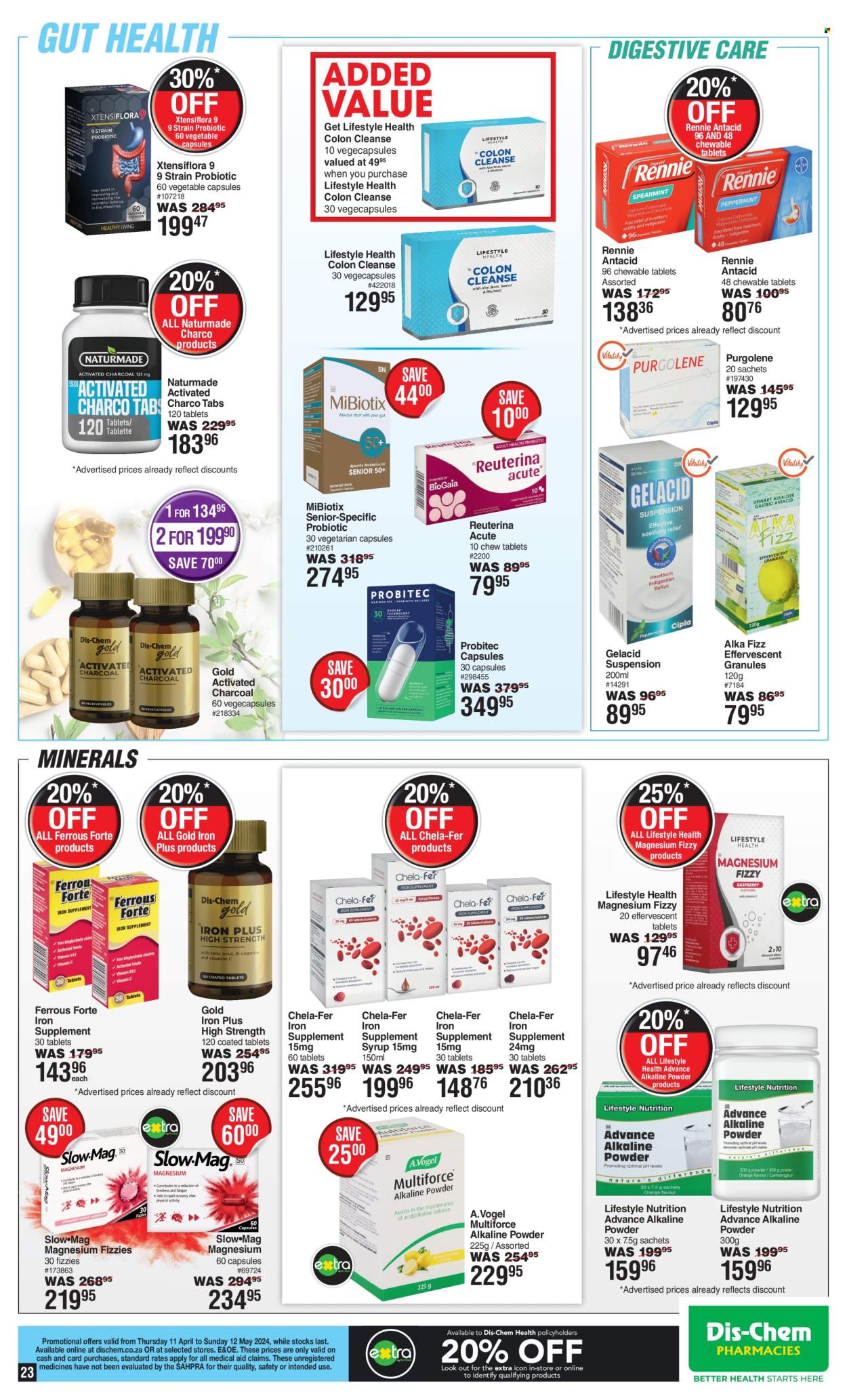 thumbnail - Dis-Chem catalogue  - 11/04/2024 - 12/05/2024 - Sales products - magnesium, syrup, activated charcoal, Chela-fer, Rennie, Antacid. Page 23.