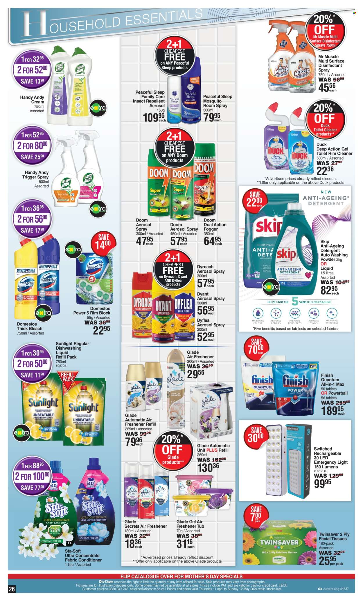 thumbnail - Dis-Chem catalogue  - 11/04/2024 - 12/05/2024 - Sales products - tissues, detergent, Domestos, cream cleaner, bleach, toilet cleaner, antibacterial spray, desinfection, cleaner, Mr. Muscle, fabric softener, thick bleach, laundry powder, Sunlight, dishwashing liquid, Finish Powerball, Finish Quantum Ultimate, dishwasher tablets, facial tissues, repellent. Page 26.