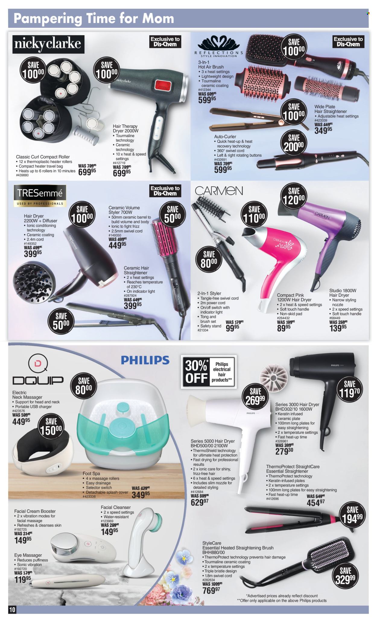 thumbnail - Dis-Chem catalogue  - 11/04/2024 - 12/05/2024 - Sales products - Philips, hair products, brush set, cleanser, face cream, skin care product, heat protection, keratin, bag, roller, massager, neck massager, foot spa, hair dryer, straightener, diffuser. Page 10.