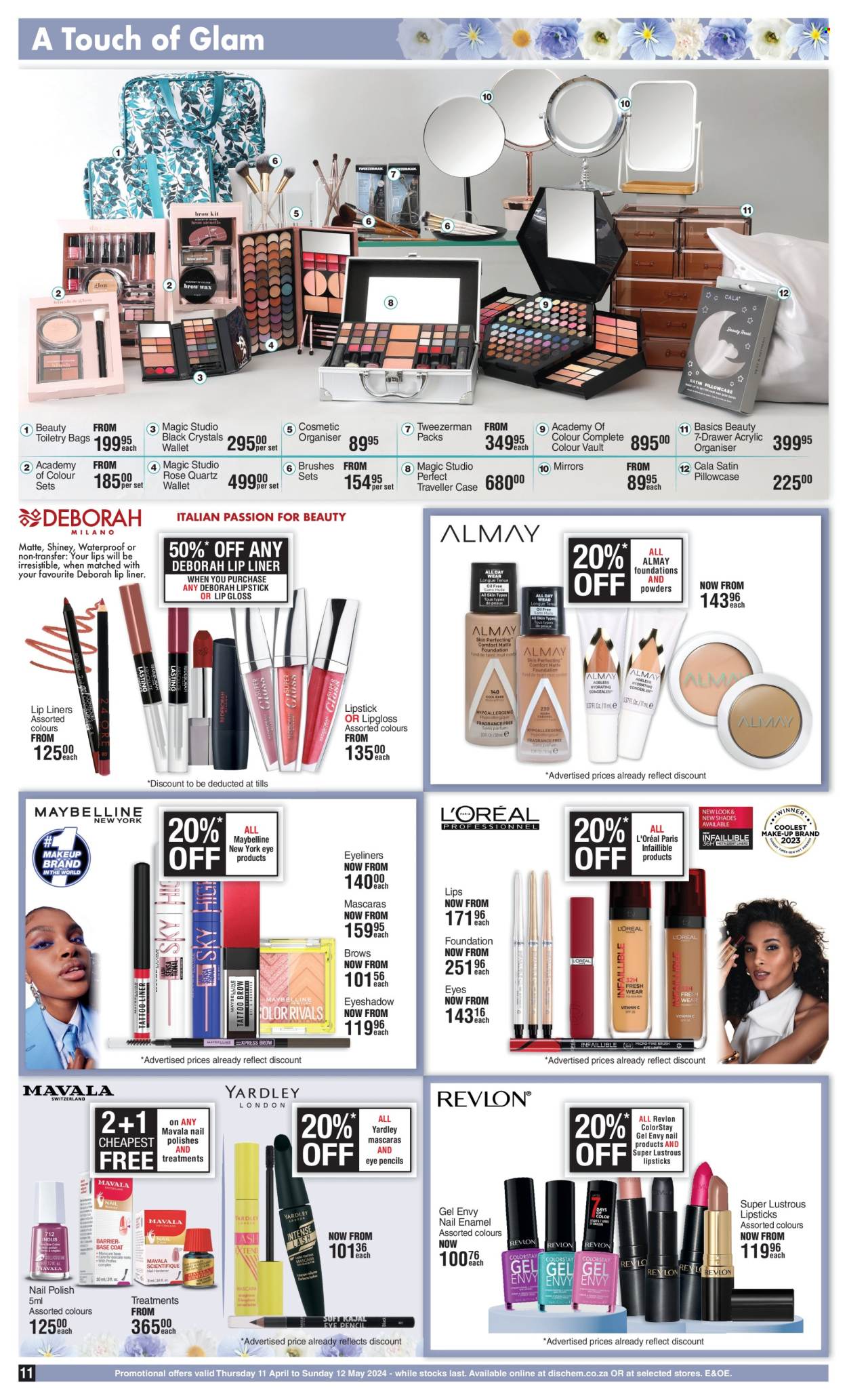 thumbnail - Dis-Chem catalogue  - 11/04/2024 - 12/05/2024 - Sales products - Almay, L’Oréal, Revlon, Yardley, bag, manicure, nail enamel, polish, eyeshadow, lip crayon, lip gloss, lipstick, mascara, Maybelline, shades. Page 11.