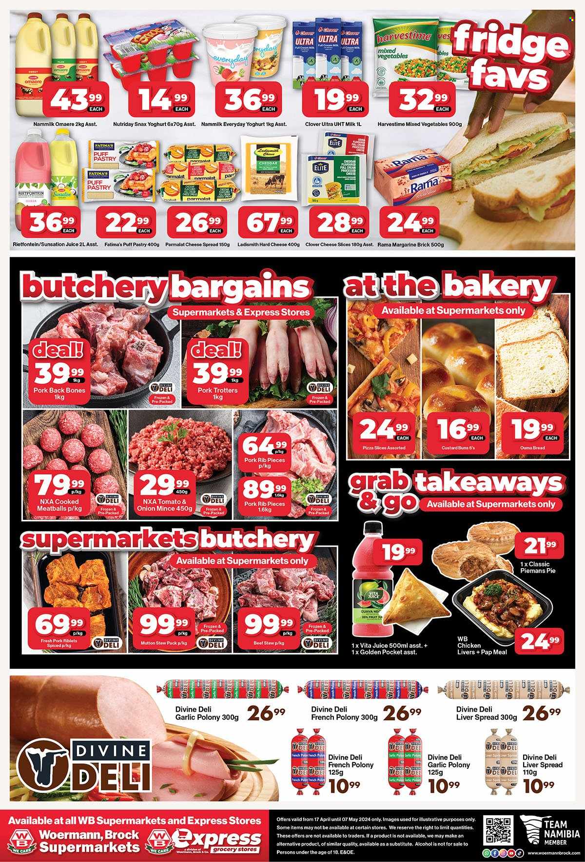 thumbnail - Woermann Brock catalogue  - 17/04/2024 - 07/05/2024 - Sales products - bread, pie, buns, Piemans, mixed vegetables, guava, pizza, meatballs, ready meal, french polony, garlic polony, polony, cheese spread, sliced cheese, cheddar, custard, yoghurt, NutriDay, Parmalat, milk, margarine, Rama, Ladismith, puff pastry, frozen vegetables, Harvestime, juice, chicken livers, chicken, ribs, mutton meat. Page 2.