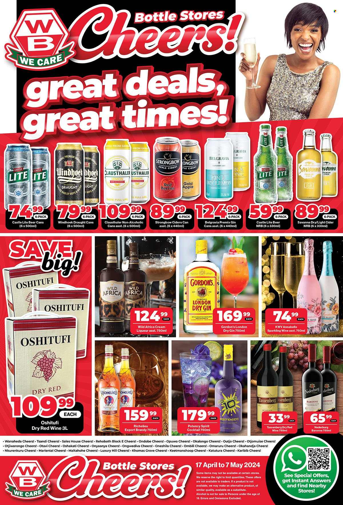 thumbnail - Woermann Brock catalogue  - 17/04/2024 - 07/05/2024 - Sales products - chocolate, water, cocktail, red wine, sparkling wine, Nederburg, KWV, brandy, gin, liqueur, Gordon's, Richelieu, Belgravia, Wild Africa, cider, spirit, beer, Castle, Strongbow. Page 1.